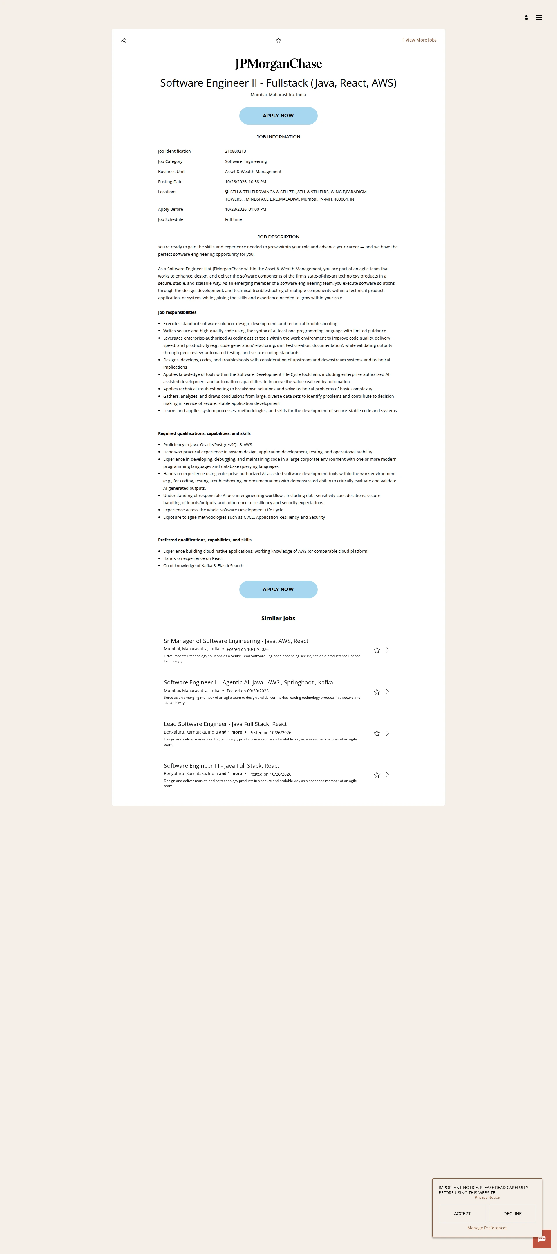 JPMorganChase Software Engineer II - Fullstack (Java, React, AWS) 채용공고
