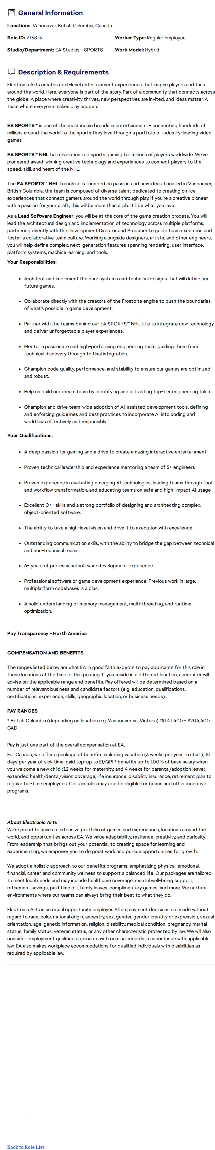 ElectronicArts Lead Software Engineer - EA SPORTS™ NHL 채용공고