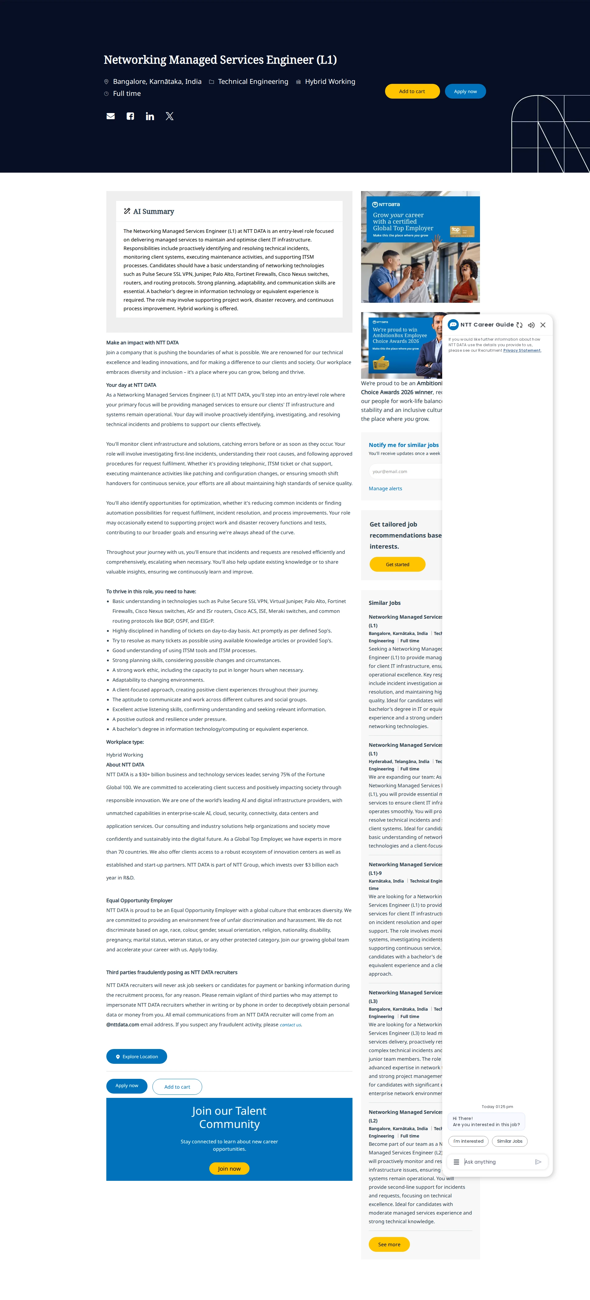 NTT데이터 Networking Managed Services Engineer (L1) 채용공고