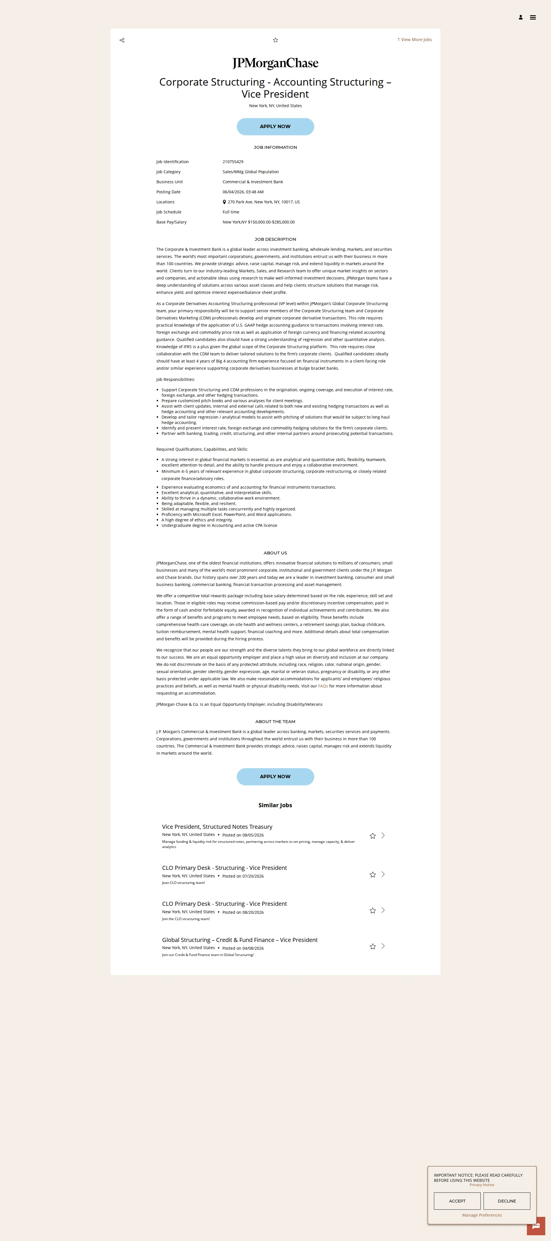 JPMorganChase Corporate Structuring - Accounting Structuring – Vice President 채용공고