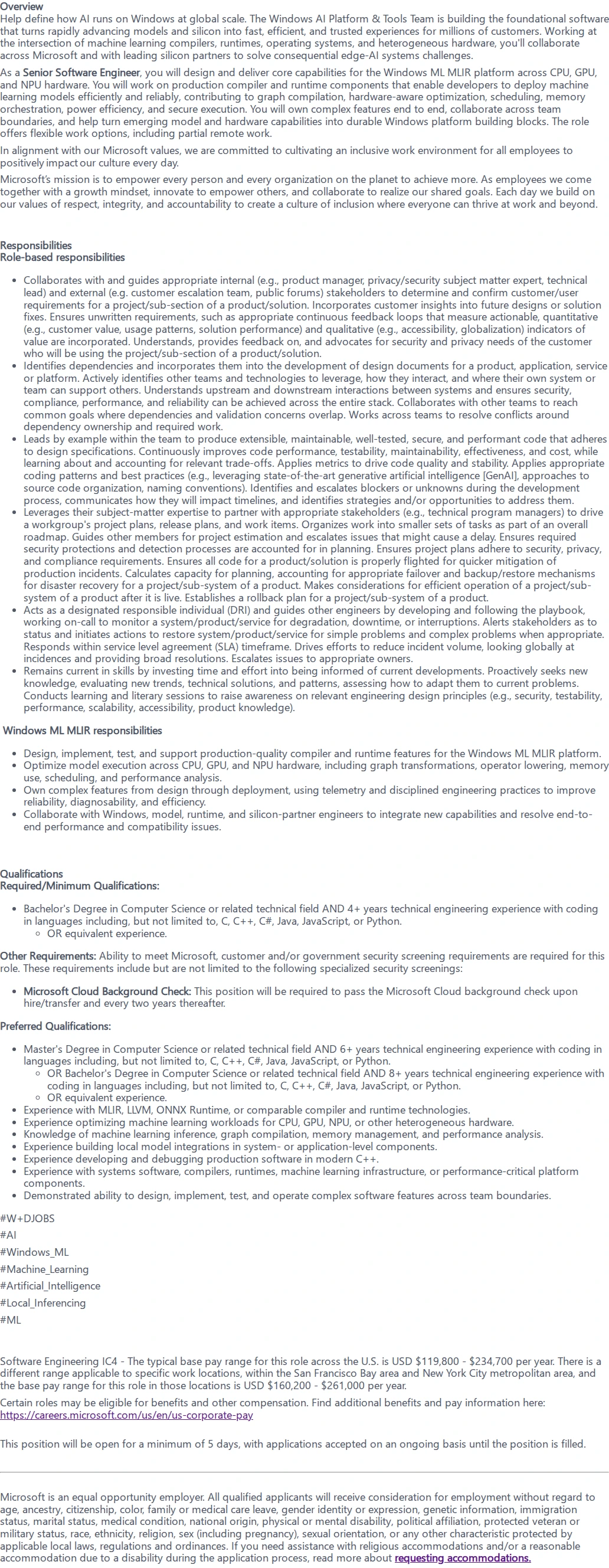 마이크로소프트(Microsoft) Senior Software Engineer (Windows ML MLIR Platform) 채용공고