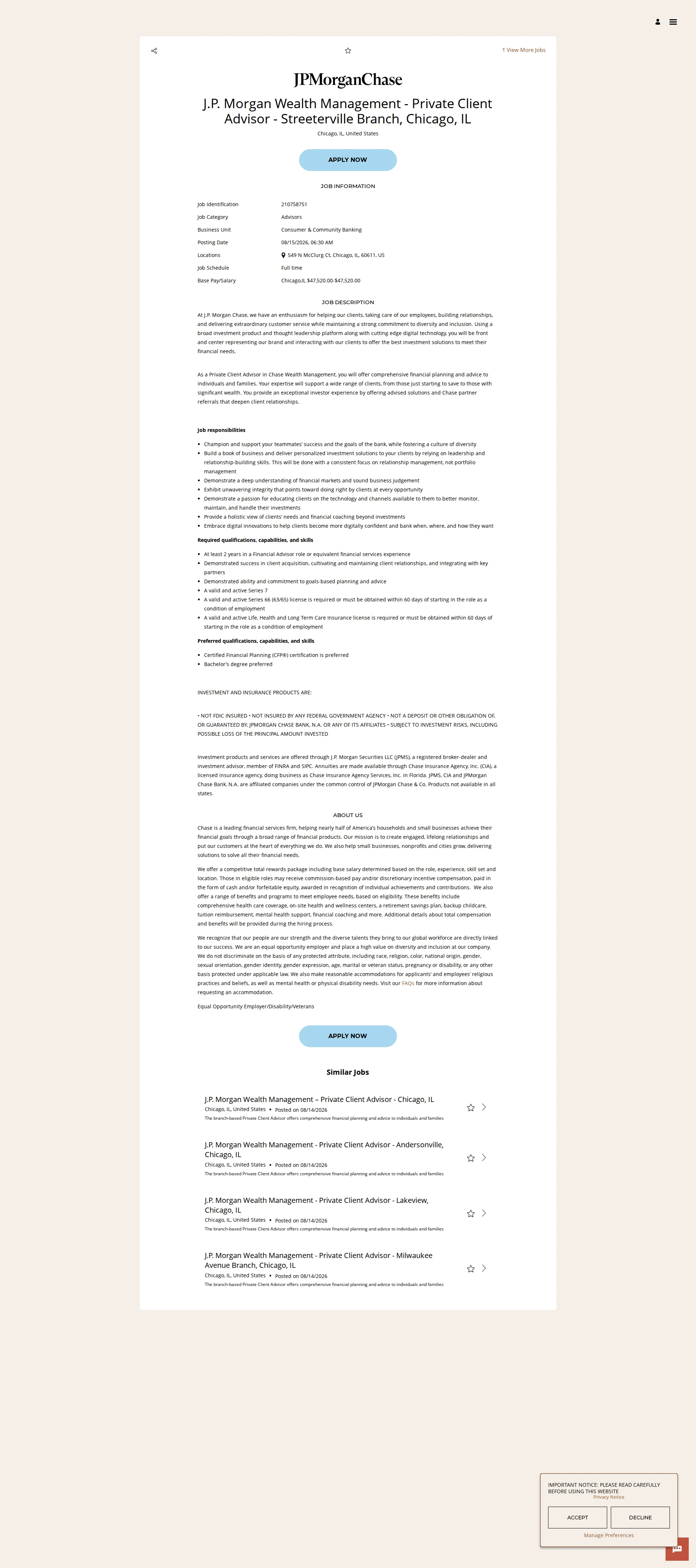 JPMorganChase J.P. Morgan Wealth Management - Private Client Advisor - Streeterville Branch, Chicago, IL 채용공고