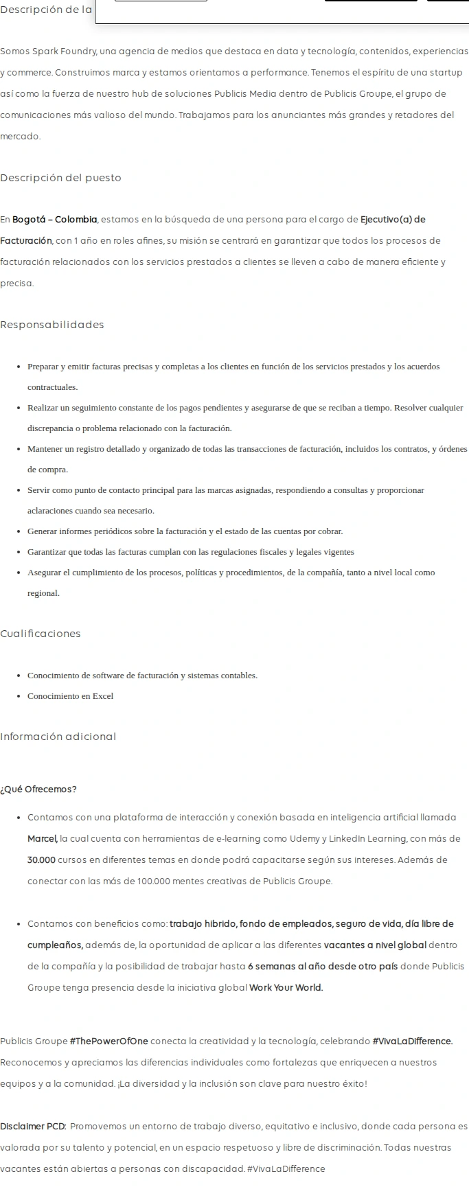Publicis Groupe Ejecutivo(a) de facturación 채용공고