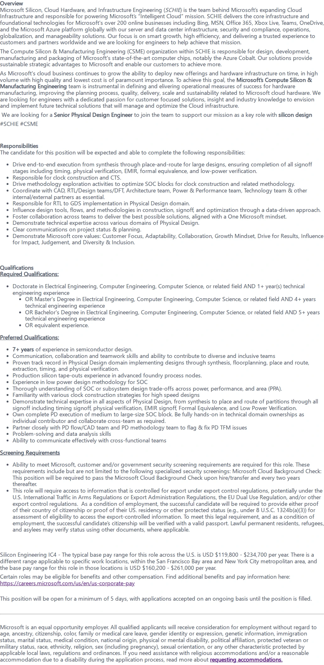 마이크로소프트(Microsoft) Senior Physical Design Engineer 채용공고