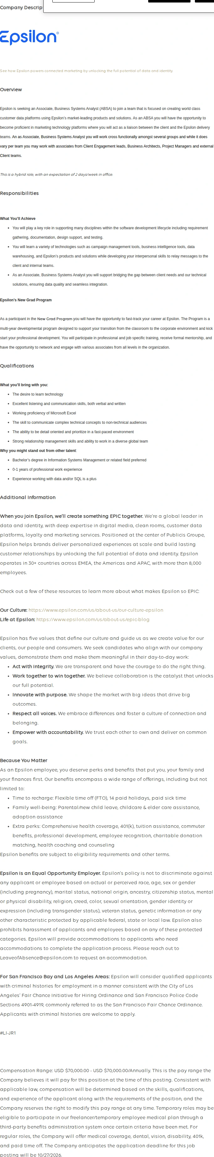 Publicis Groupe New Grad Program: Associate, Business Systems Analyst 채용공고