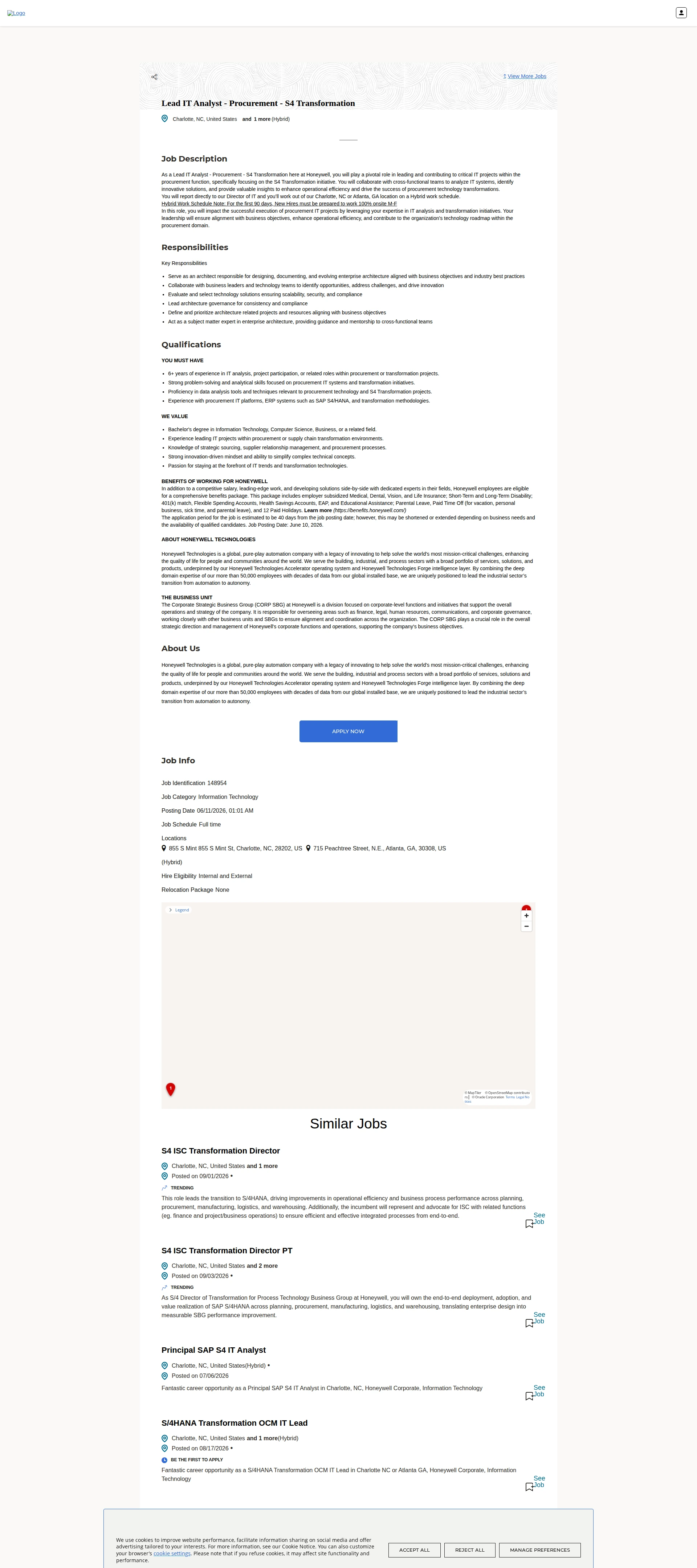 허니웰 Lead IT Analyst - Procurement - S4 Transformation 채용공고