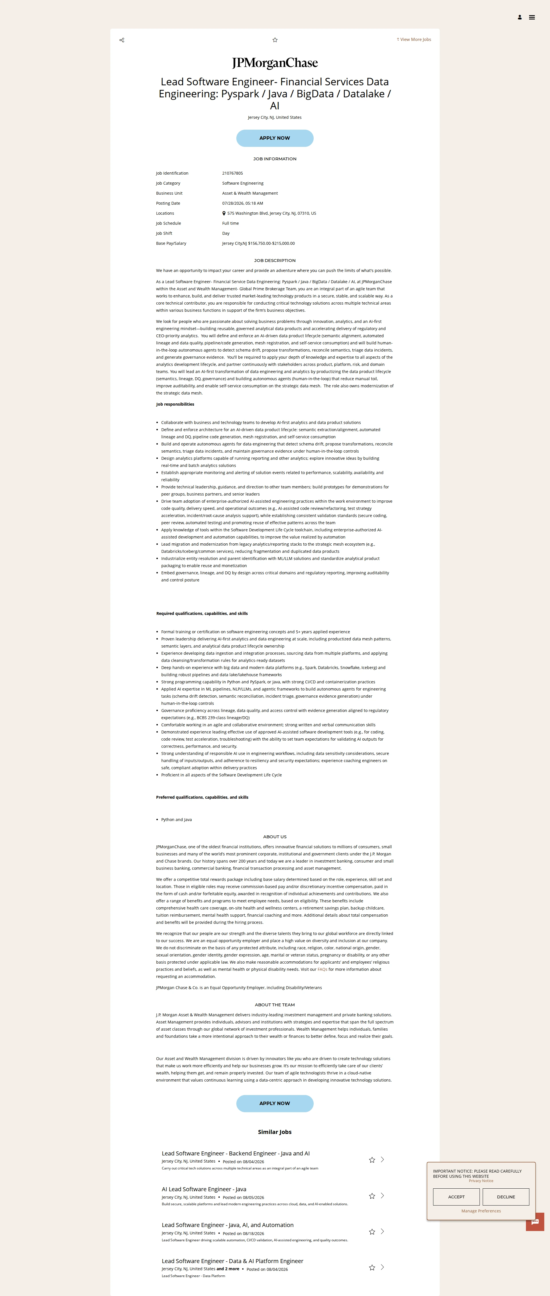 JPMorganChase Lead Software Engineer- Financial Services Data Engineering: Pyspark / Java / BigData / Datalake / AI 채용공고