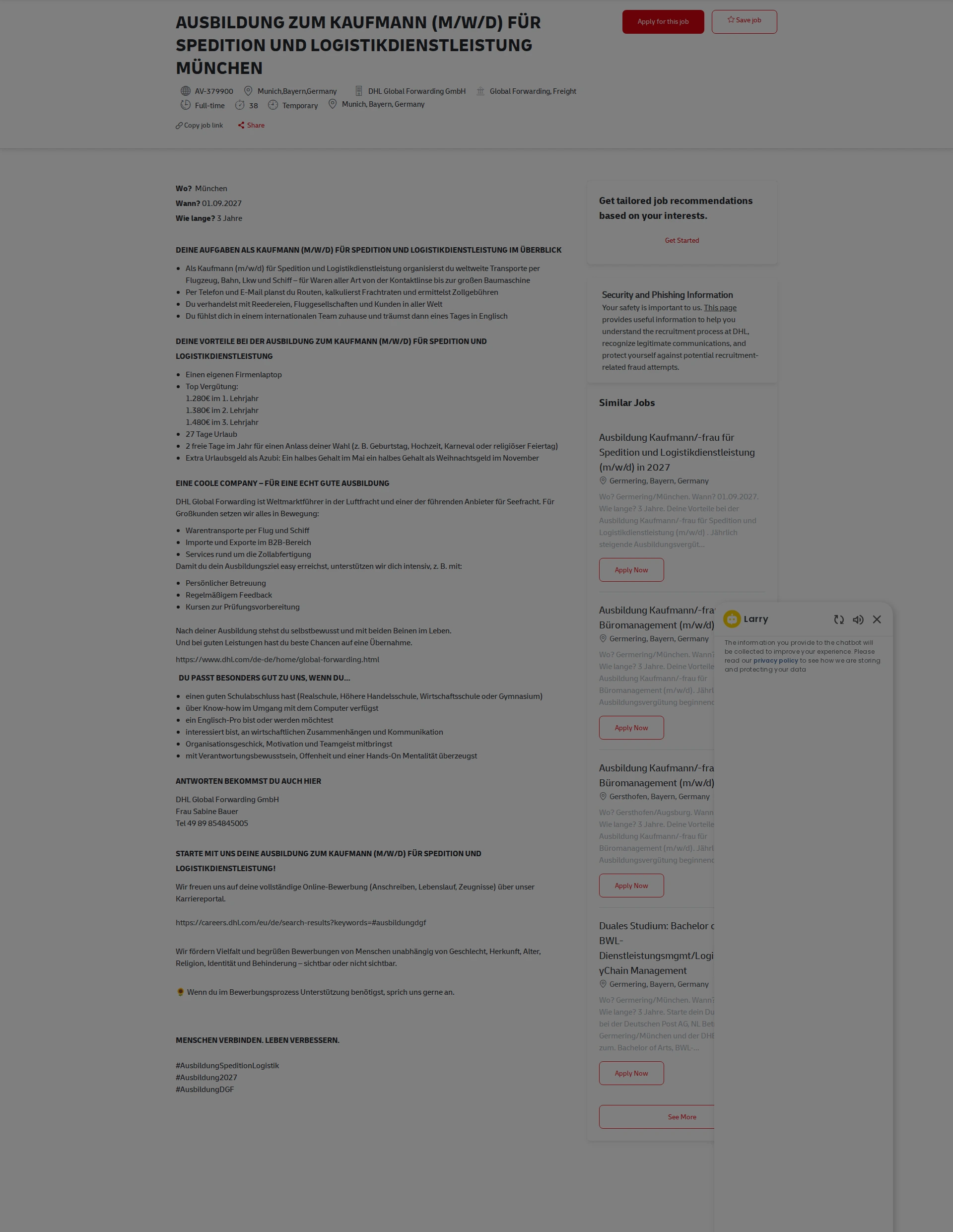 DHL AUSBILDUNG ZUM KAUFMANN (M/W/D) FÜR SPEDITION UND LOGISTIKDIENSTLEISTUNG MÜNCHEN 채용공고