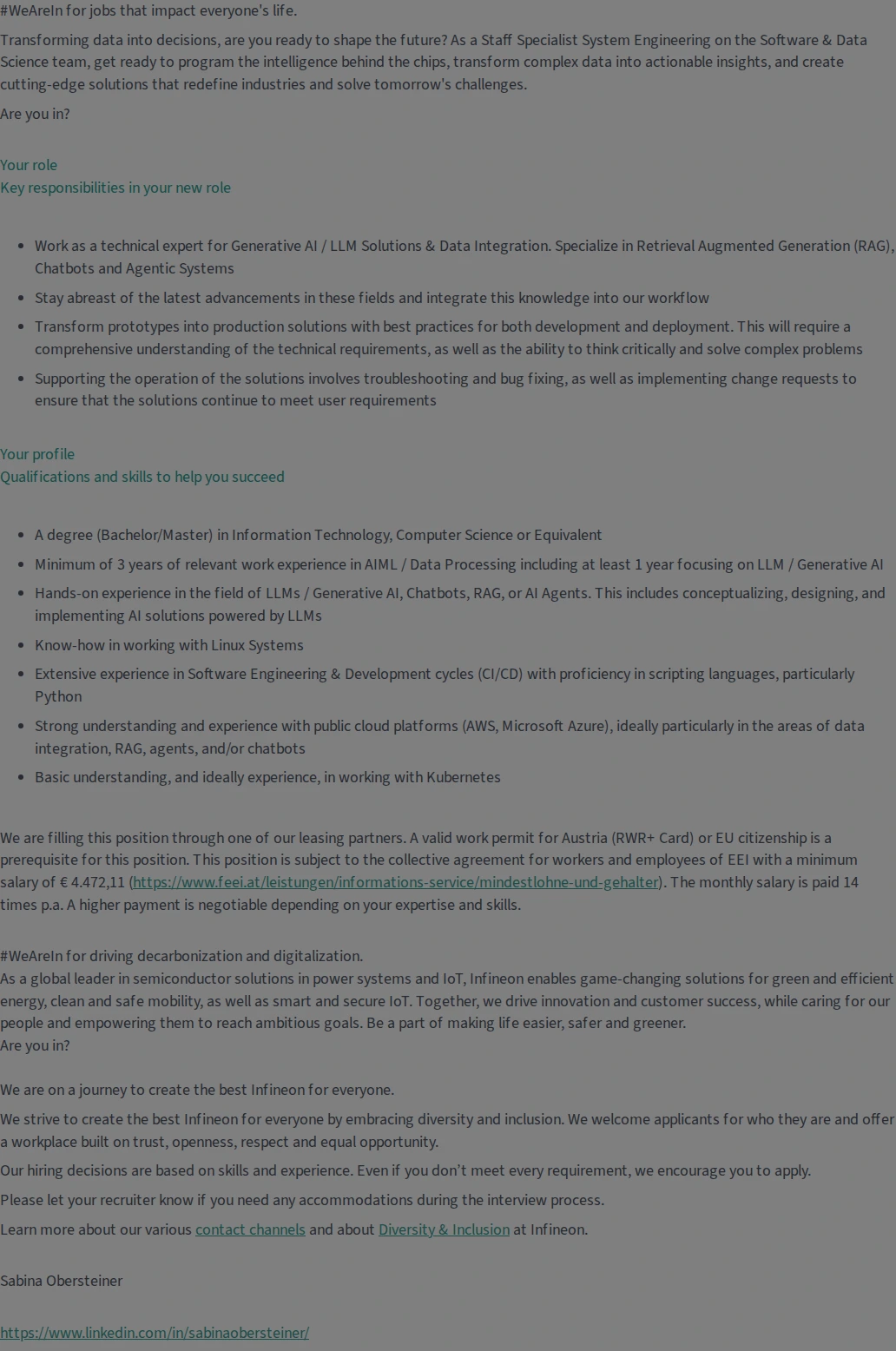인피니언 Staff Specialist Artificial Intelligence (Generative AI & Large Language Models (LLM)) (f/m/div) 채용공고