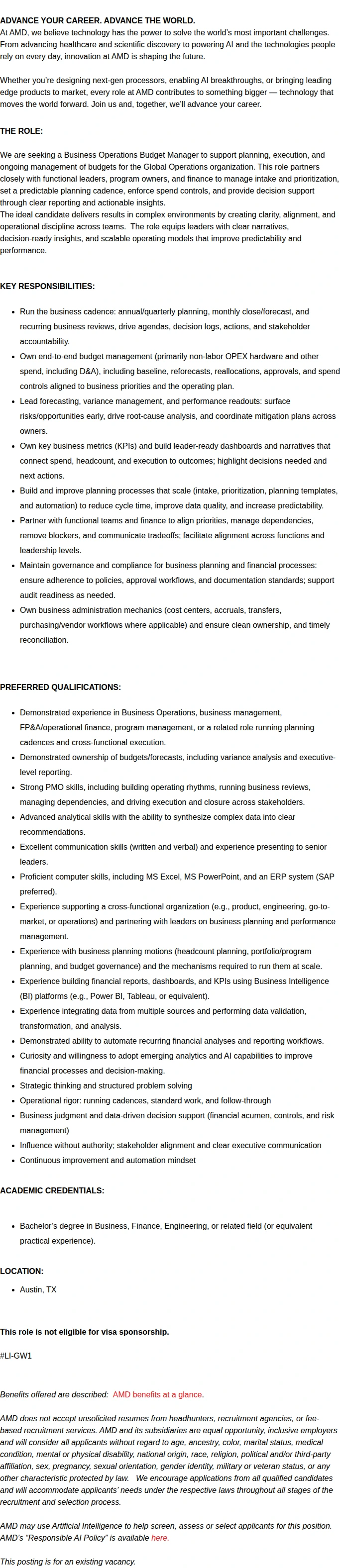AMD Business Operations Budget Manager 채용공고
