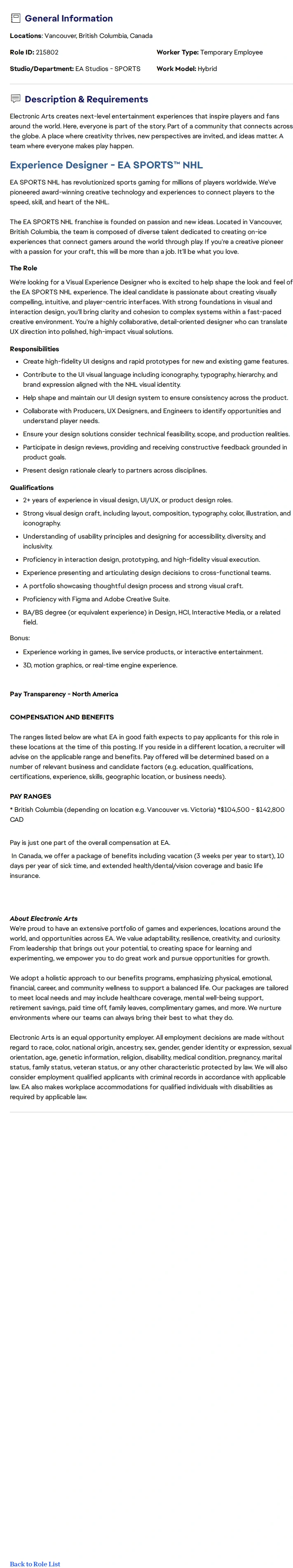 ElectronicArts Experience Designer - EA SPORTS™ NHL 채용공고