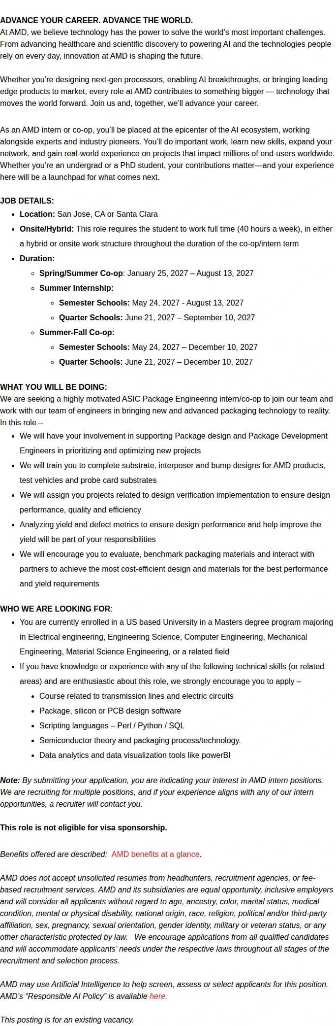 AMD 2027 Masters ASIC Package Engineering Co-op/Intern 채용공고