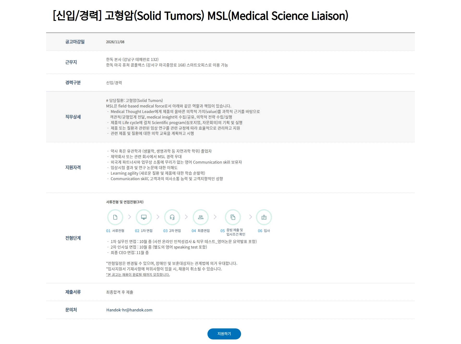 한독 [신입/경력] 고형암(Solid Tumors) MSL(Medical Science Liaison) 채용공고