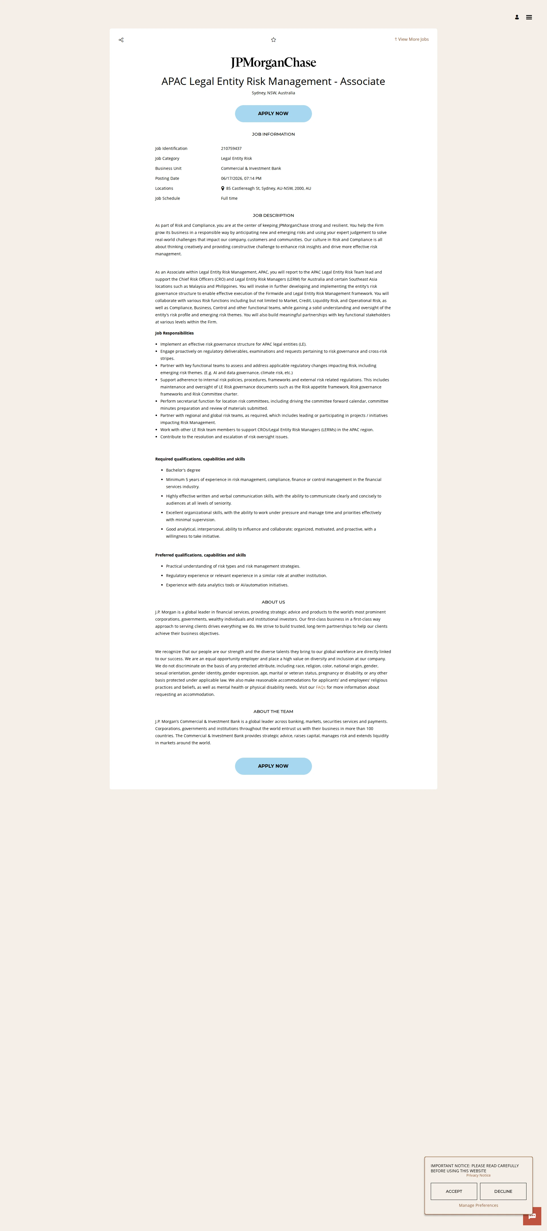 JPMorganChase APAC Legal Entity Risk Management - Associate 채용공고