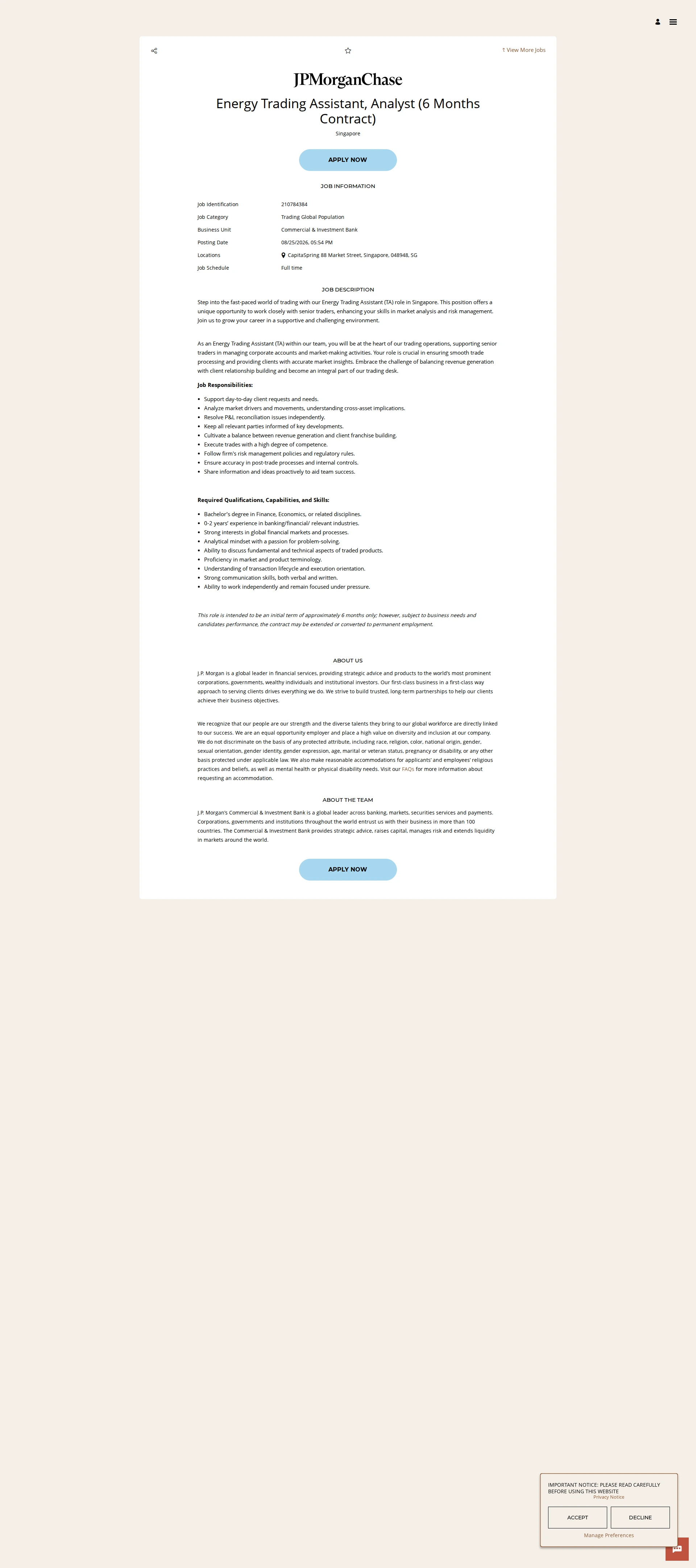 JPMorganChase Energy Trading Assistant, Analyst (6 Months Contract) 채용공고