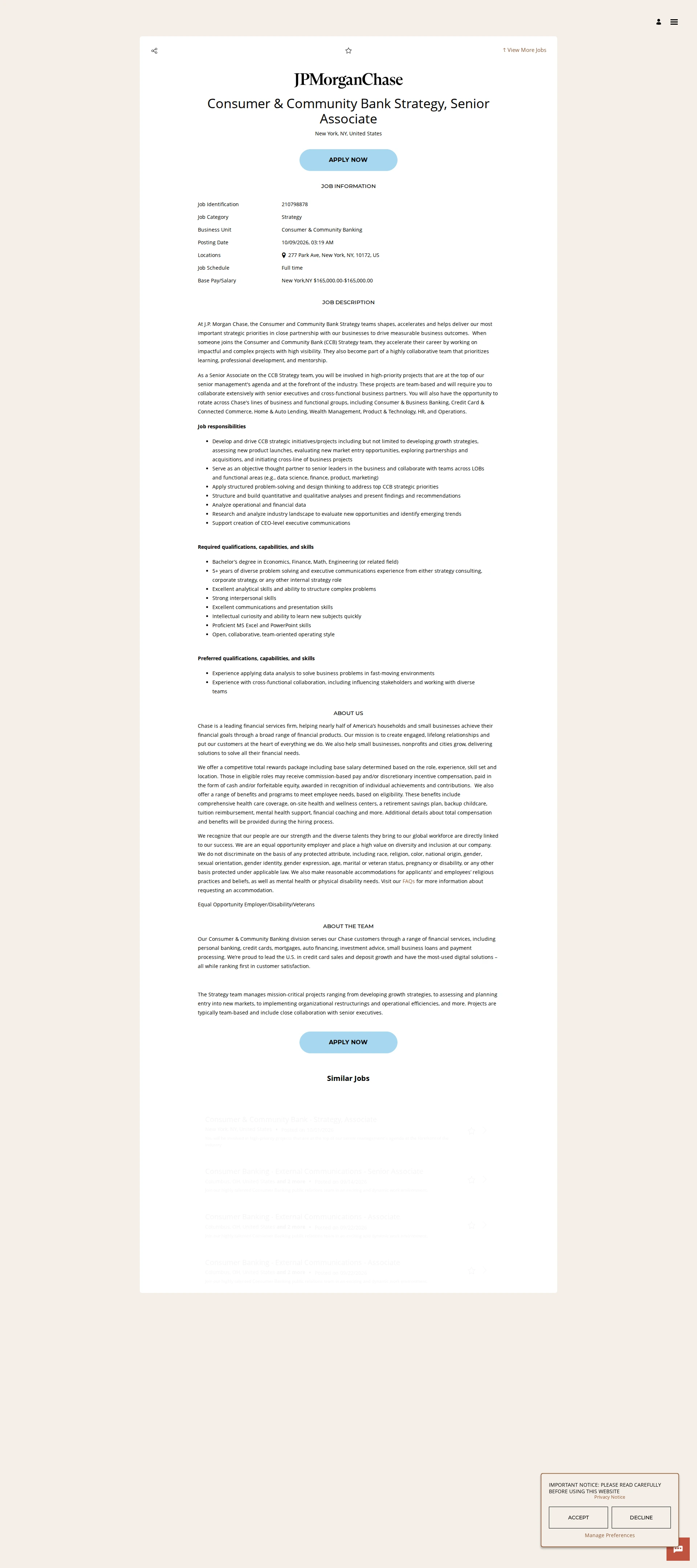 JPMorganChase Consumer & Community Bank Strategy, Senior Associate 채용공고