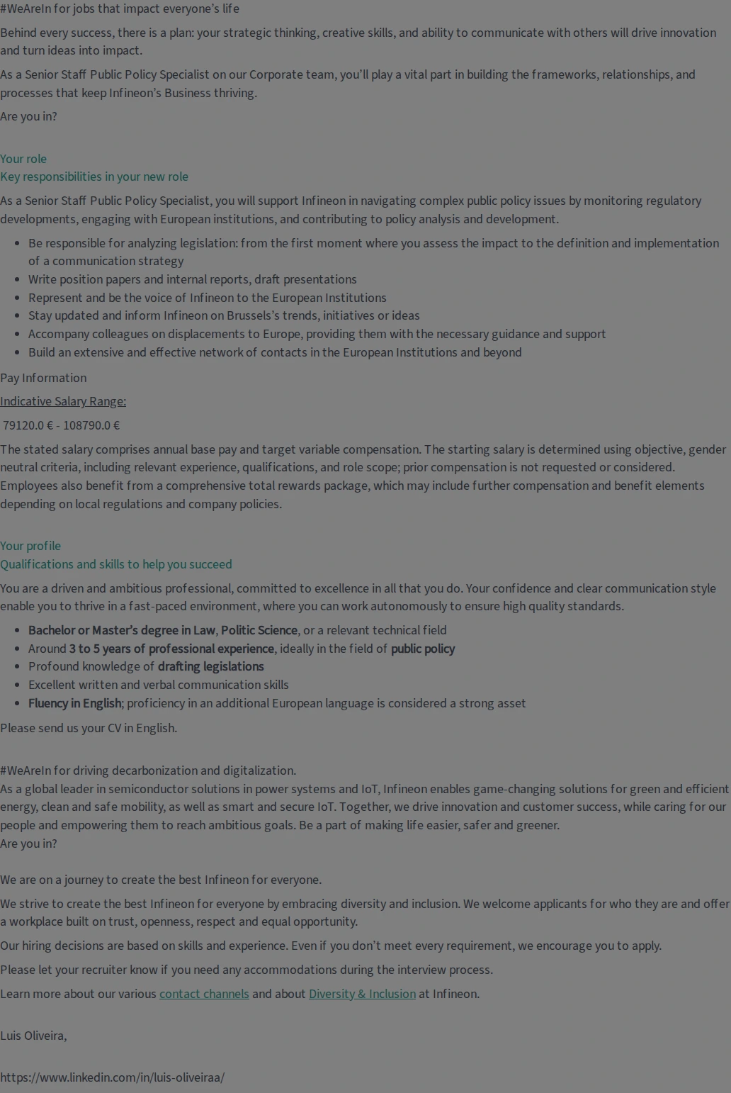 인피니언 Senior Staff Public Policy Specialist (f/m/div) 채용공고