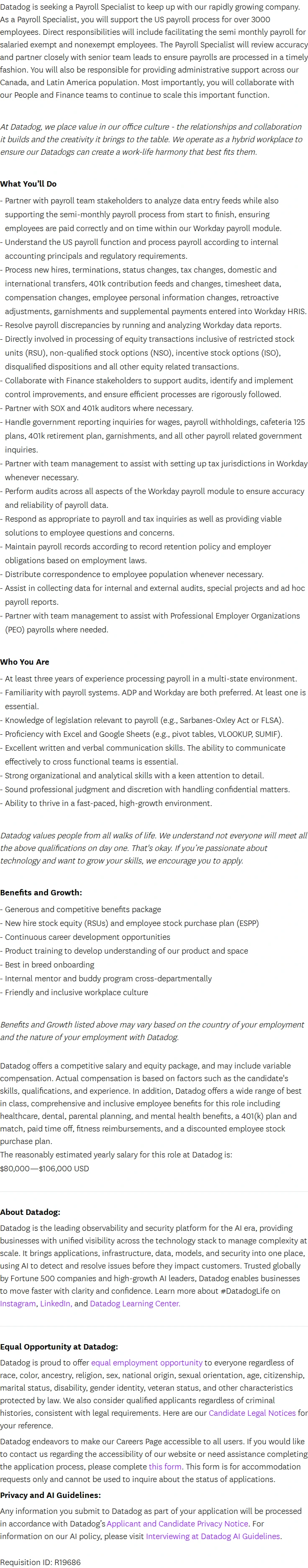데이터독 Payroll Specialist 채용공고