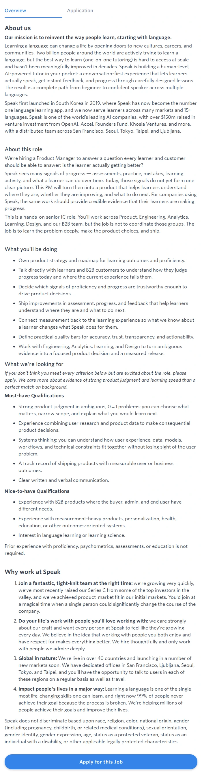 스픽 Product Manager, Learning Outcomes 채용공고