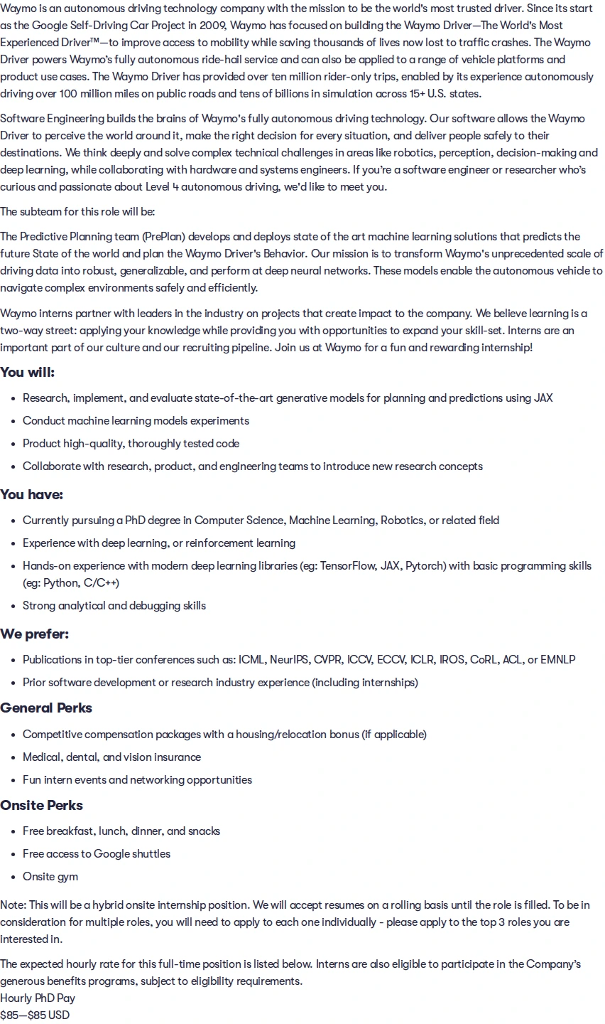 웨이모 2027 Summer Intern, PhD, Machine Learning Research, Planning/Prediction 채용공고