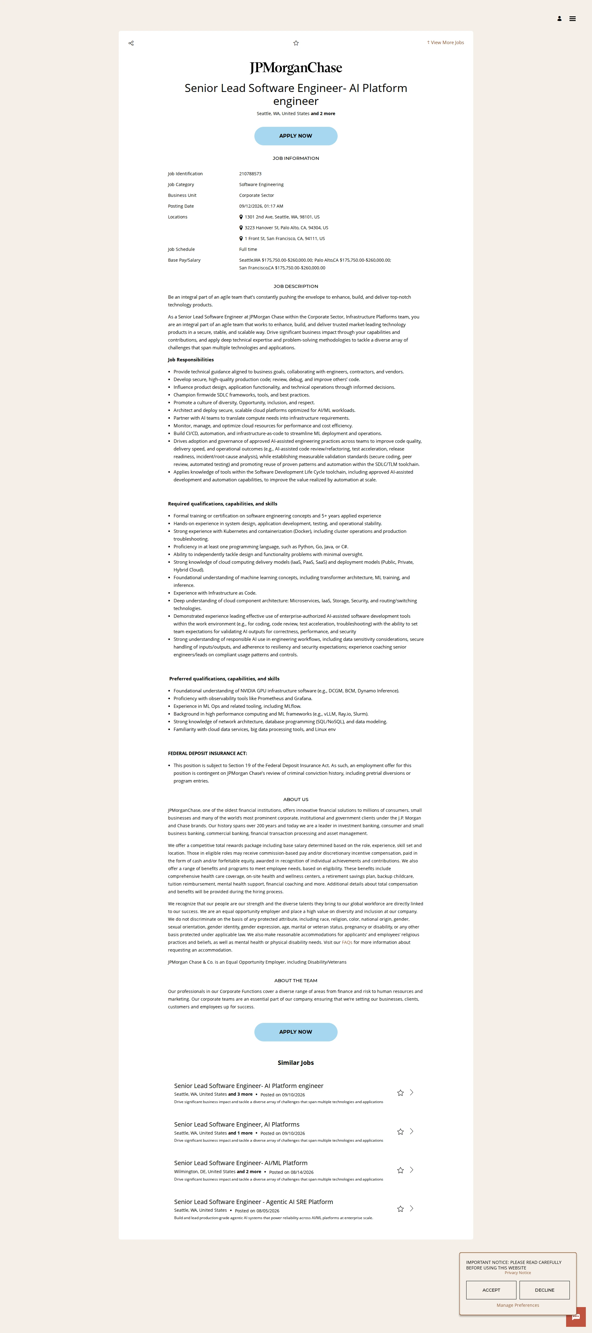 JPMorganChase Senior Lead Software Engineer- AI Platform engineer 채용공고