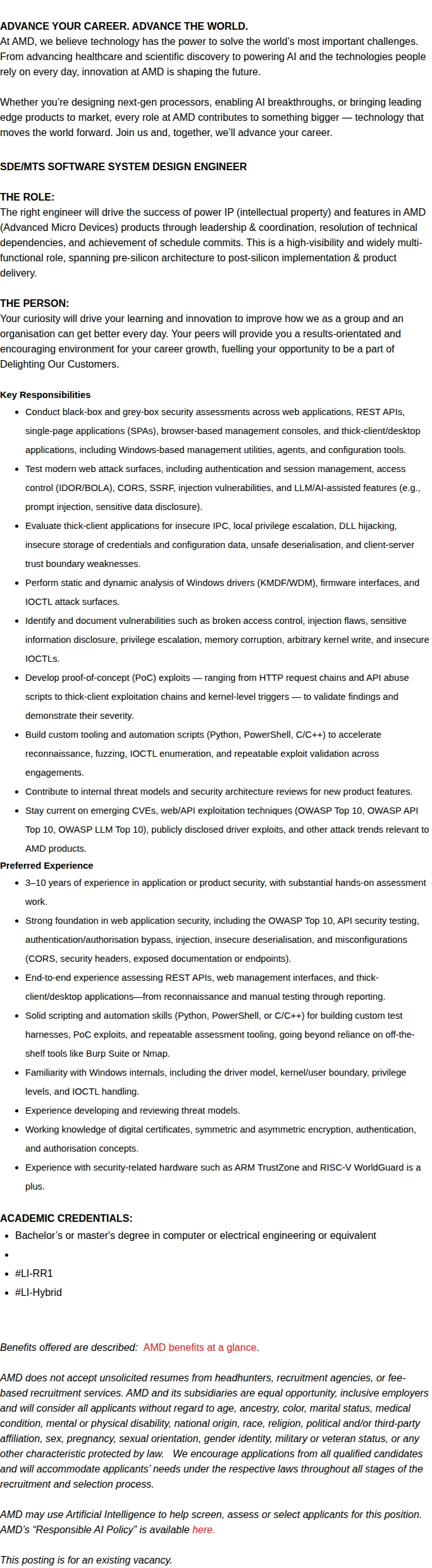 AMD Security Vulnerability Testing/Assessment Engineer 채용공고