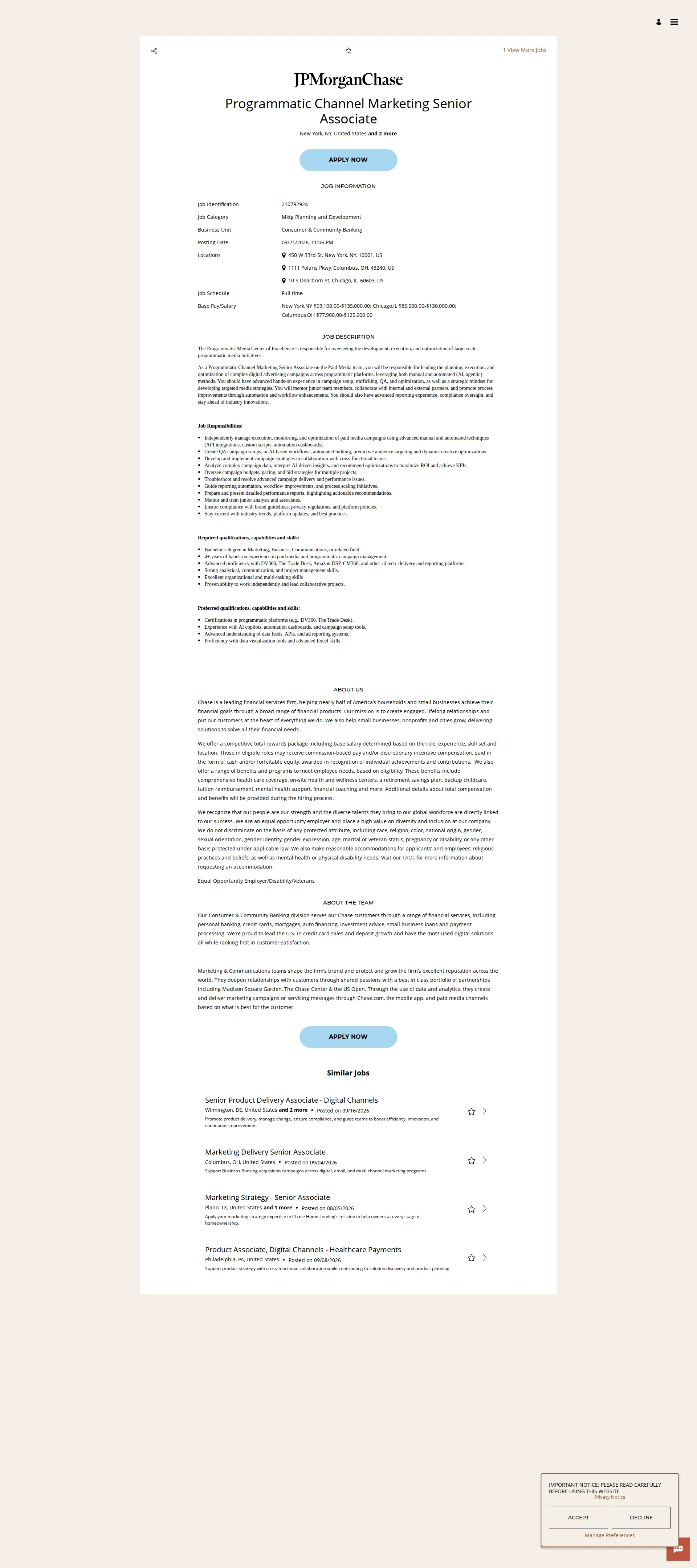JPMorganChase Programmatic Channel Marketing Senior Associate 채용공고