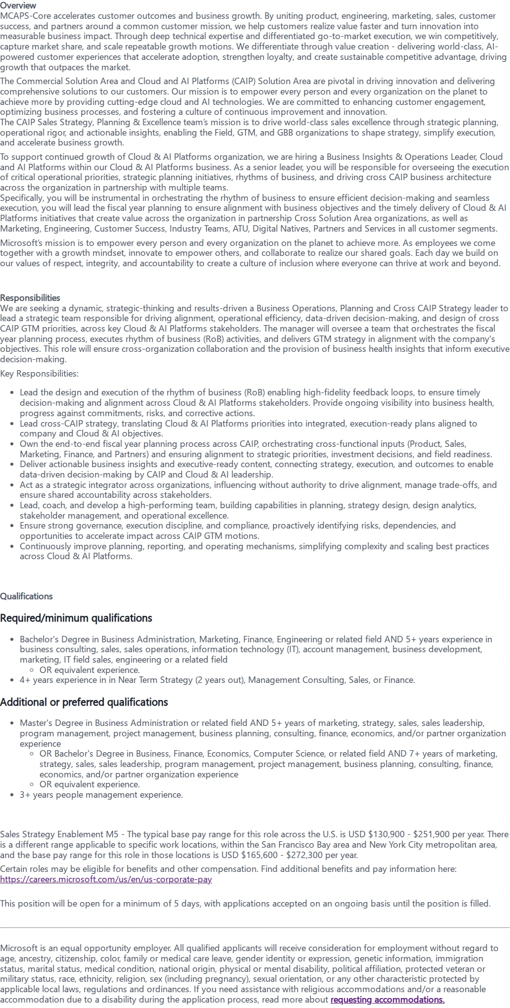 마이크로소프트(Microsoft) Business Insights and Operations Leader, Cloud & AI Platforms 채용공고