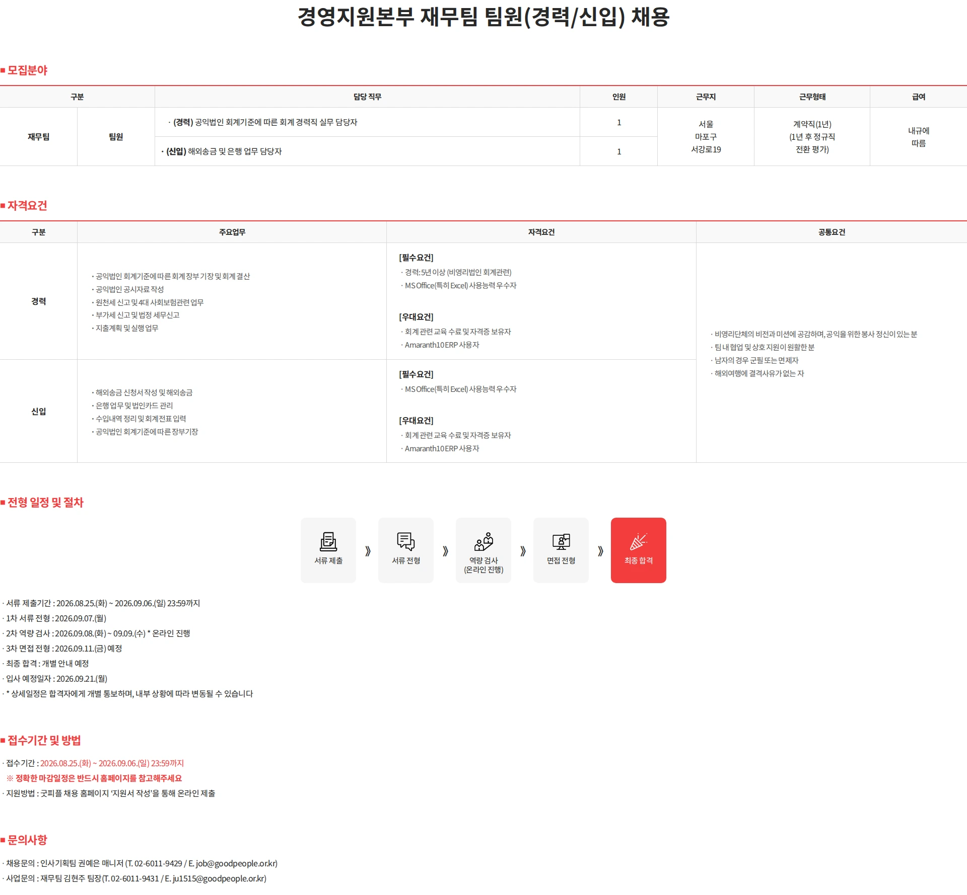 굿피플인터내셔널 경영지원본부 재무팀 팀원(경력/신입) 채용 채용공고