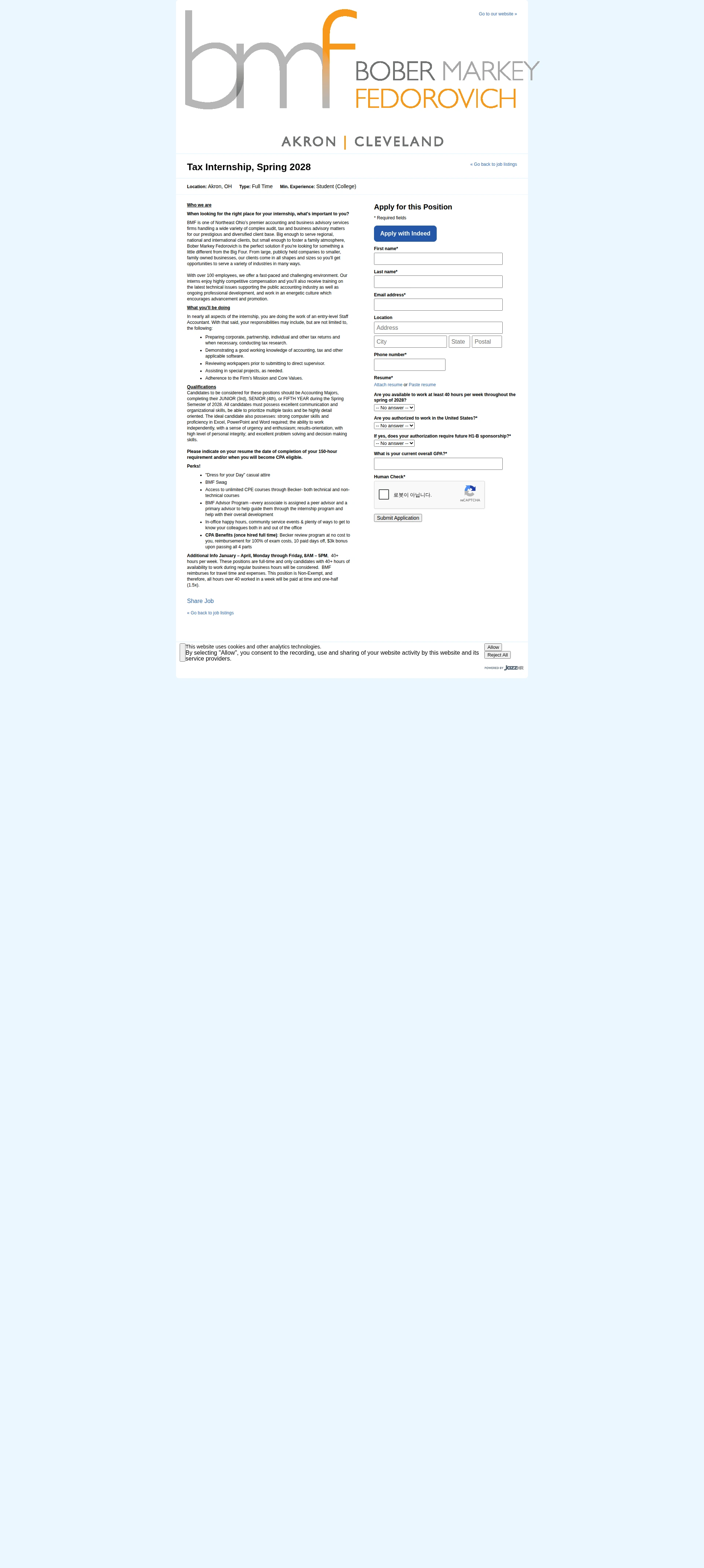Bober Markey Fedorovich Tax Internship, Spring 2028 채용공고