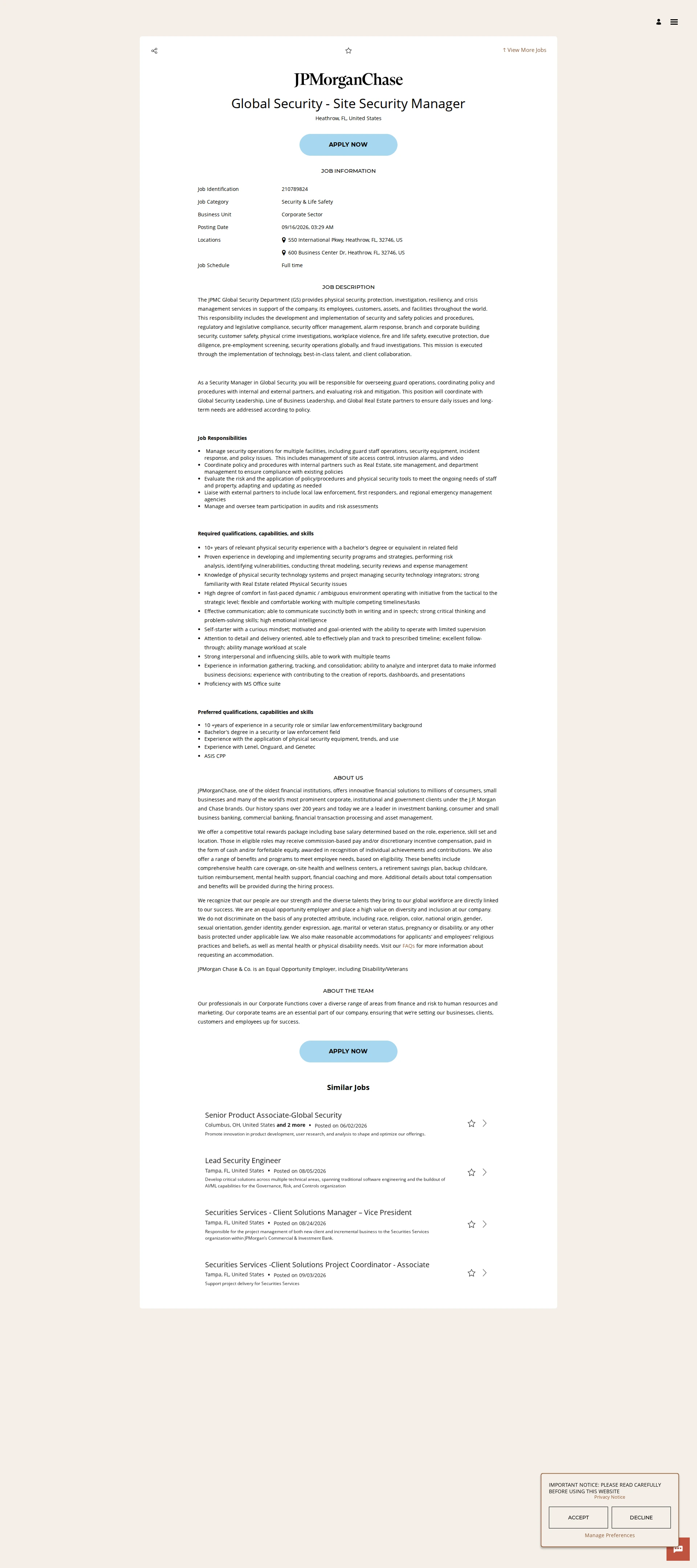 JPMorganChase Global Security - Site Security Manager 채용공고