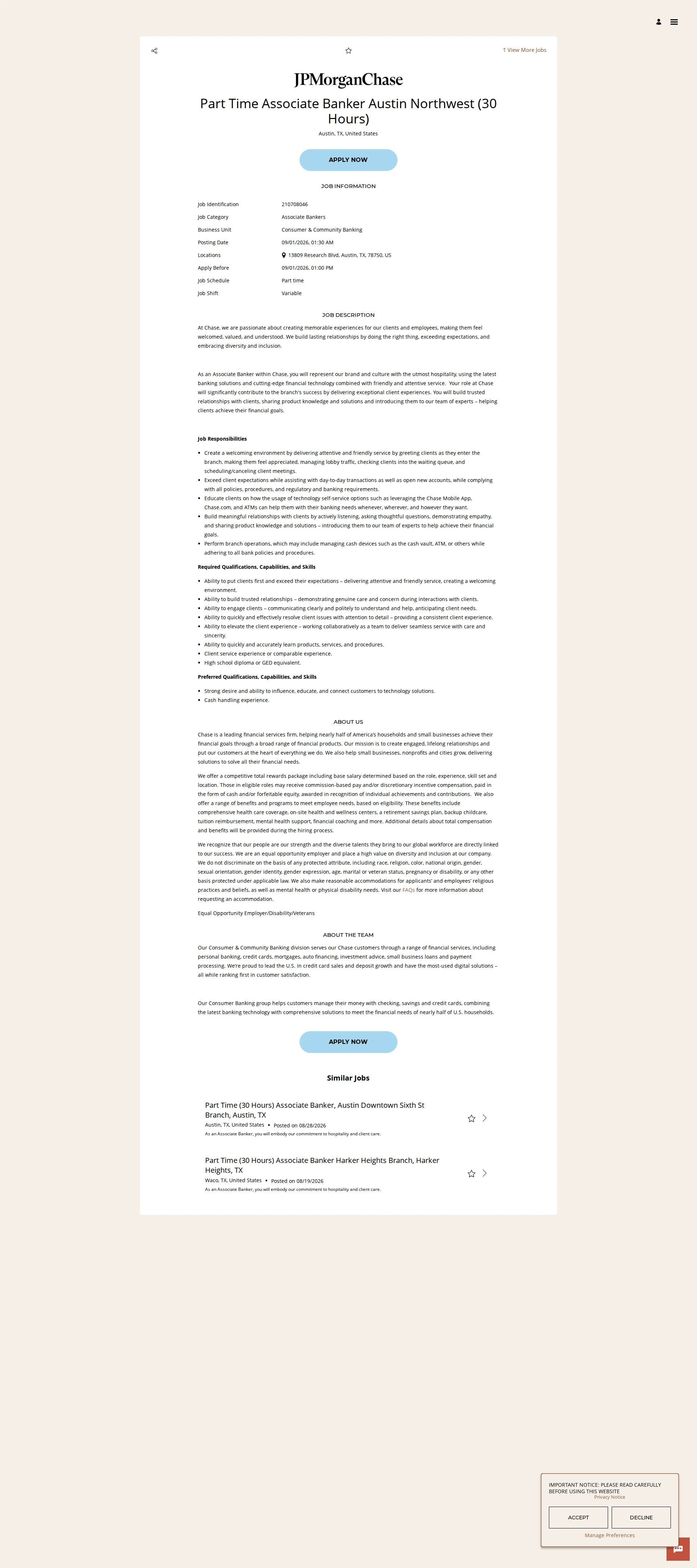 JPMorganChase Part Time Associate Banker Austin Northwest (30 Hours) 채용공고