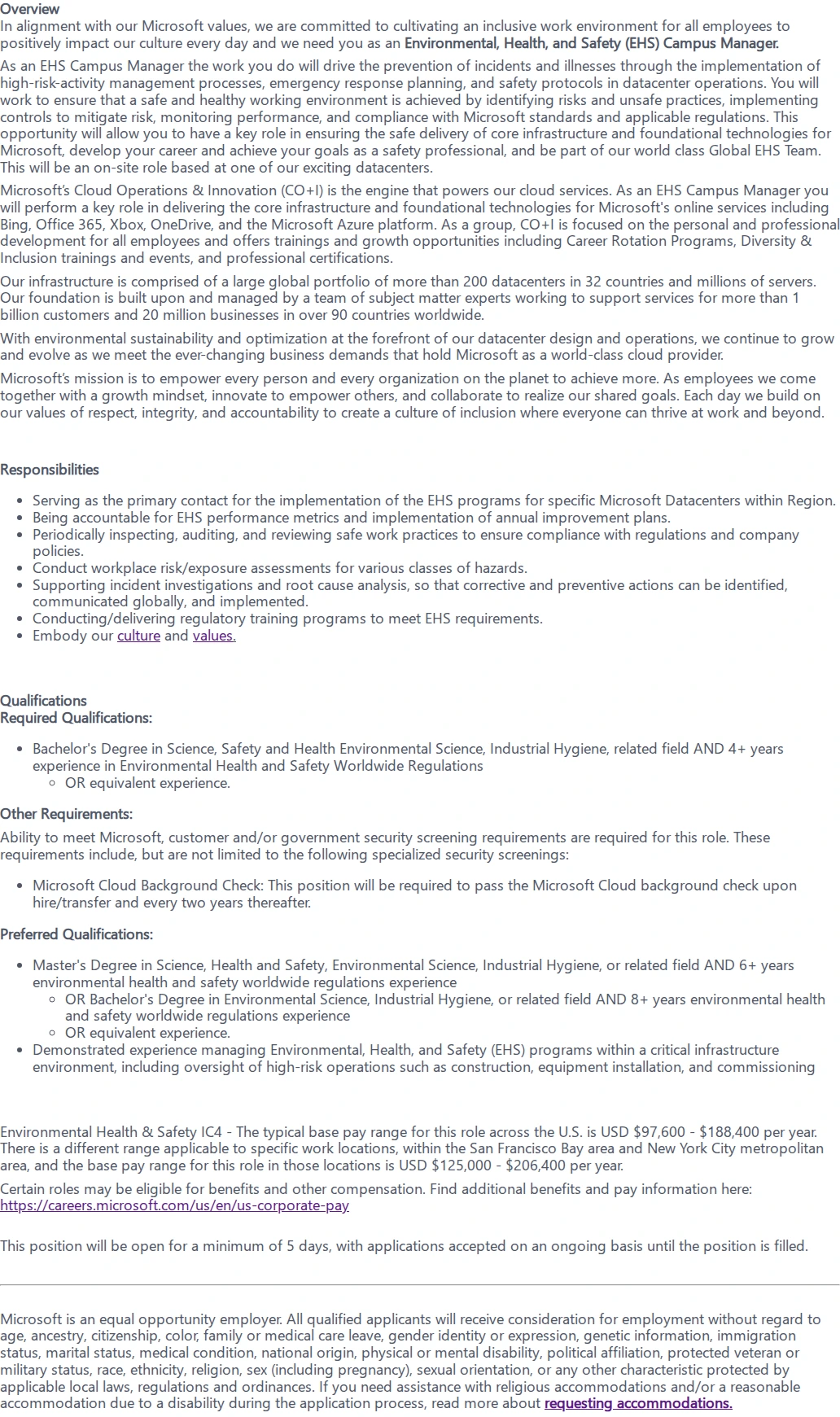 마이크로소프트(Microsoft) Environmental Health & Safety Manager 채용공고