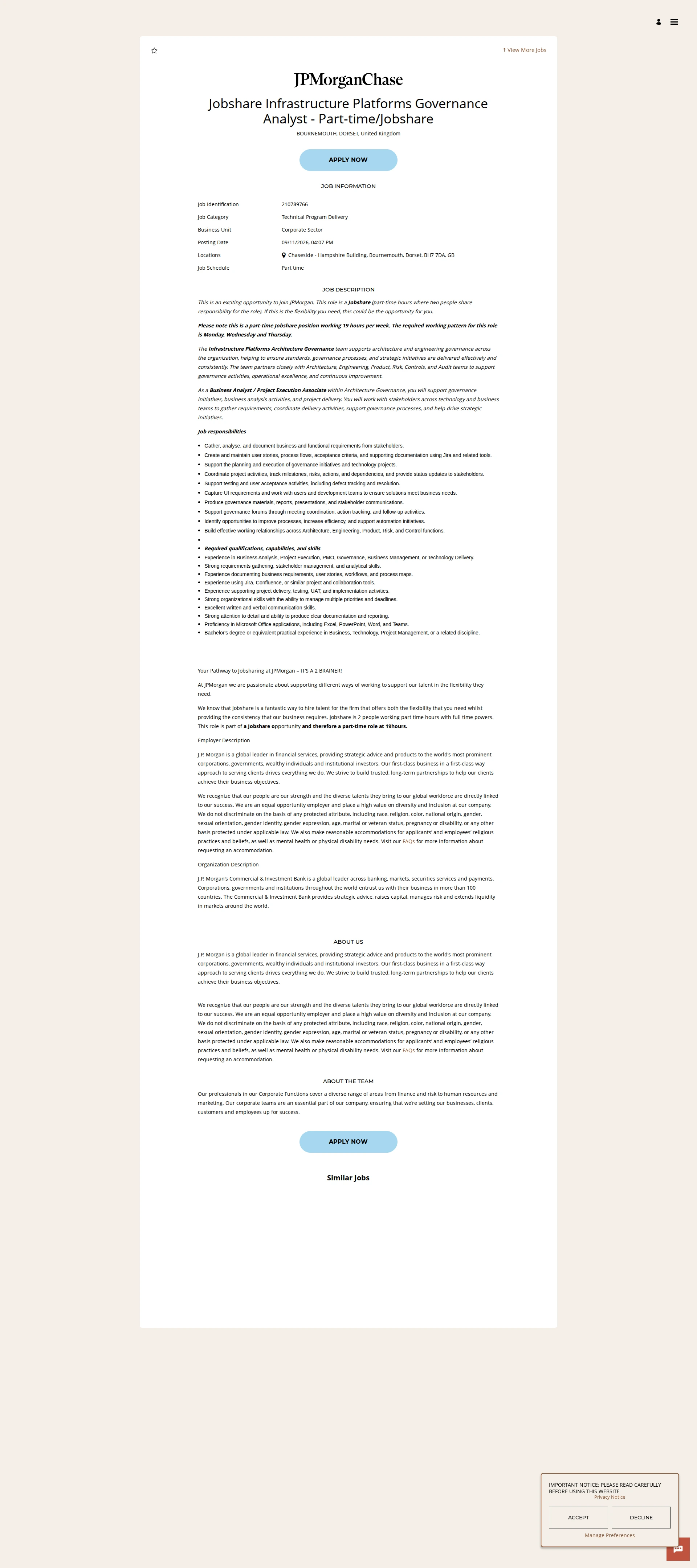 JPMorganChase Jobshare Infrastructure Platforms Governance Analyst - Part-time/Jobshare 채용공고