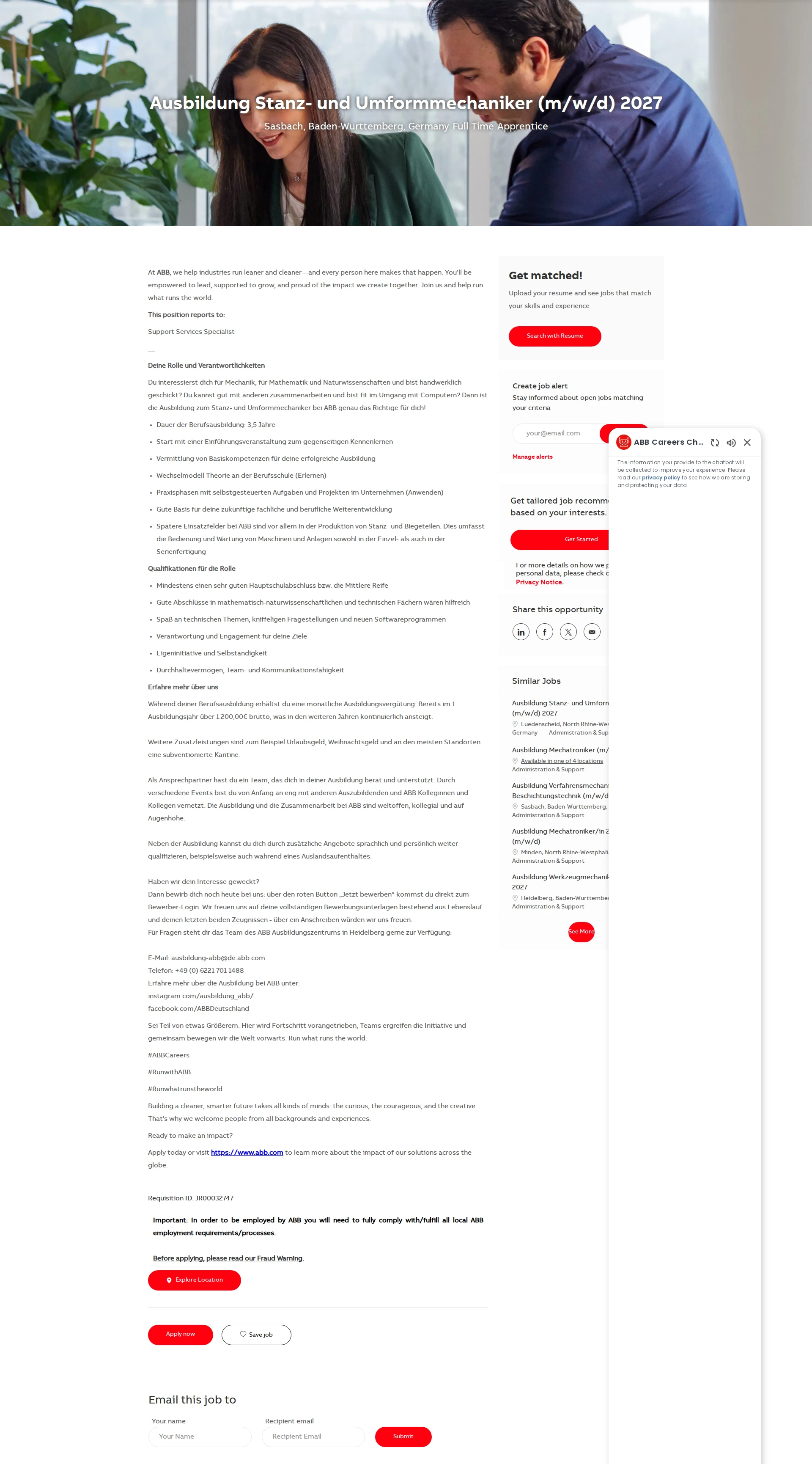 ABB코리아 Ausbildung Stanz- und Umformmechaniker (m/w/d) 2027 채용공고