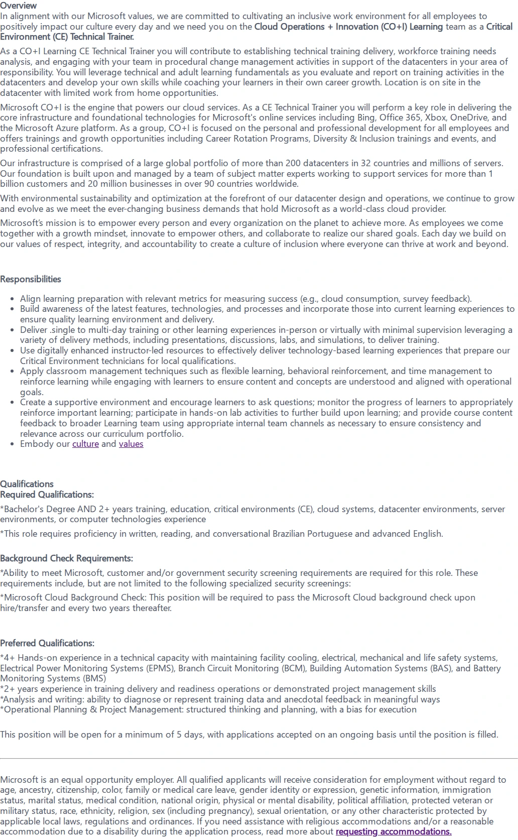 마이크로소프트(Microsoft) Critical Environment (CE) Technical Trainer 채용공고