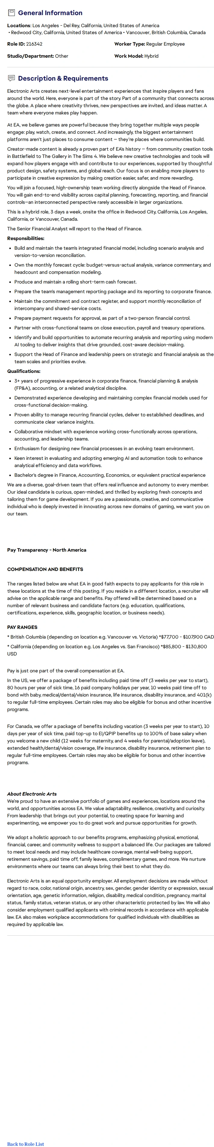 ElectronicArts Senior Financial Analyst 채용공고