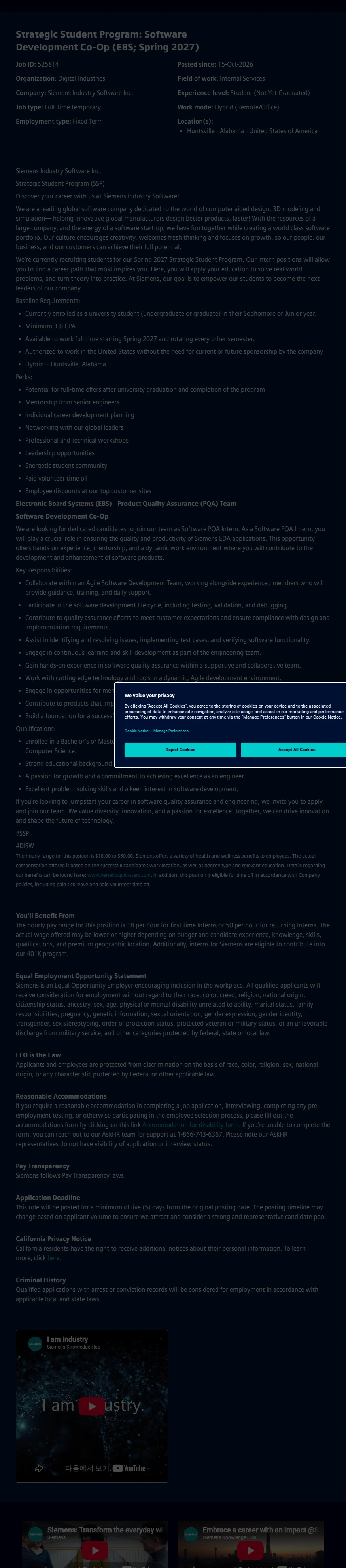 지멘스 Strategic Student Program: Software Development Co-Op (EBS; Spring 2027) 채용공고