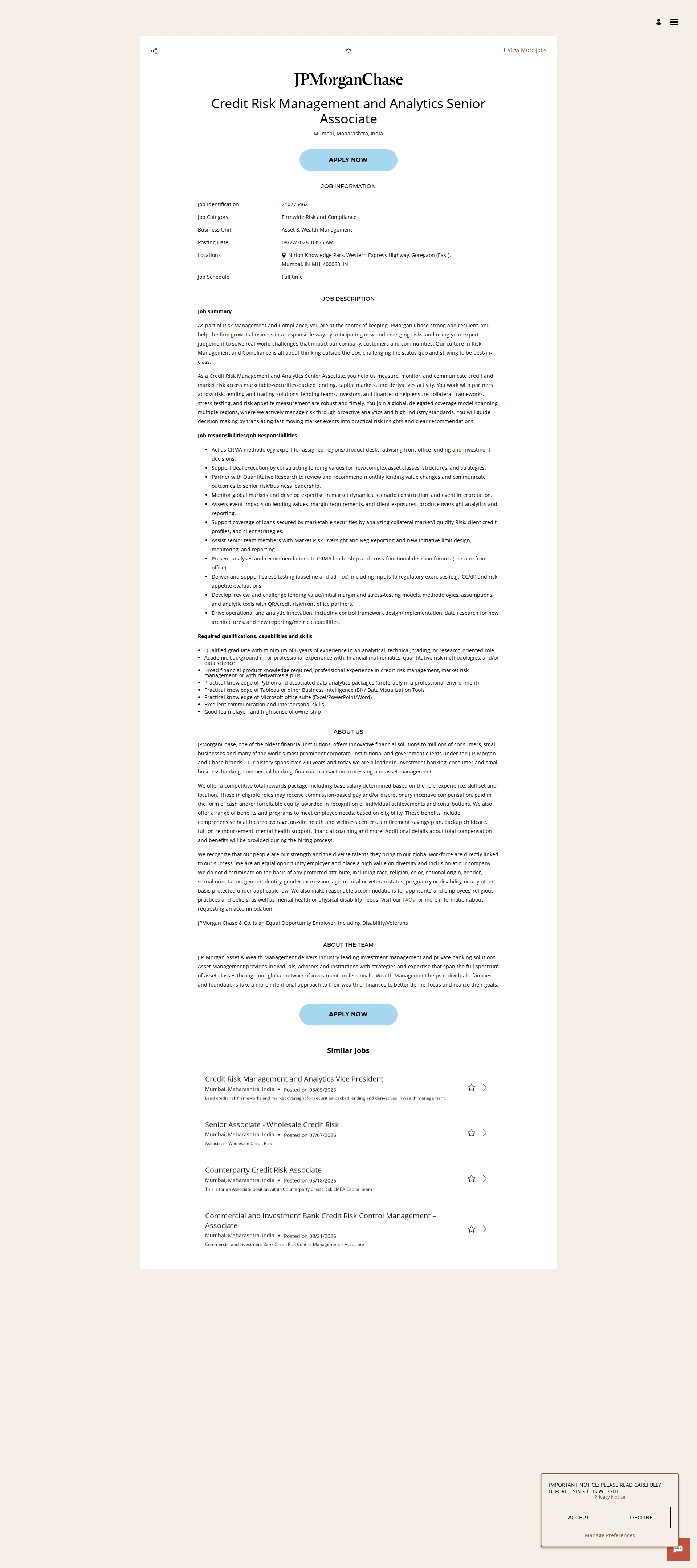 JPMorganChase Credit Risk Management and Analytics Senior Associate 채용공고