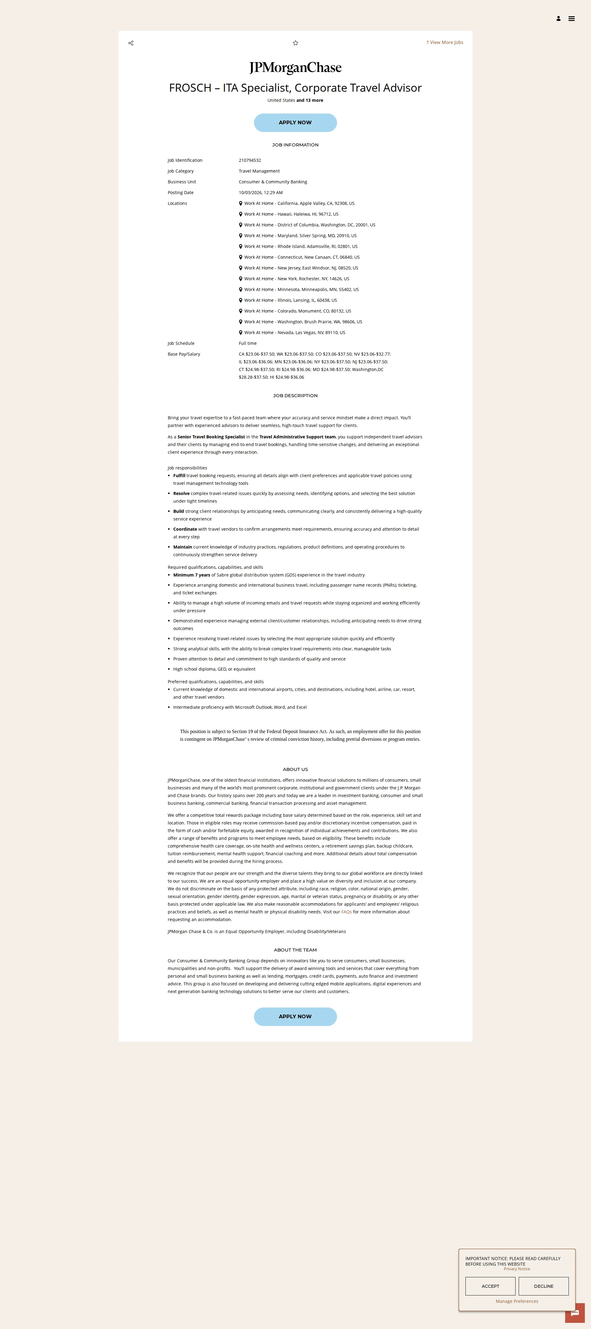 JPMorganChase FROSCH – ITA Specialist, Corporate Travel Advisor 채용공고