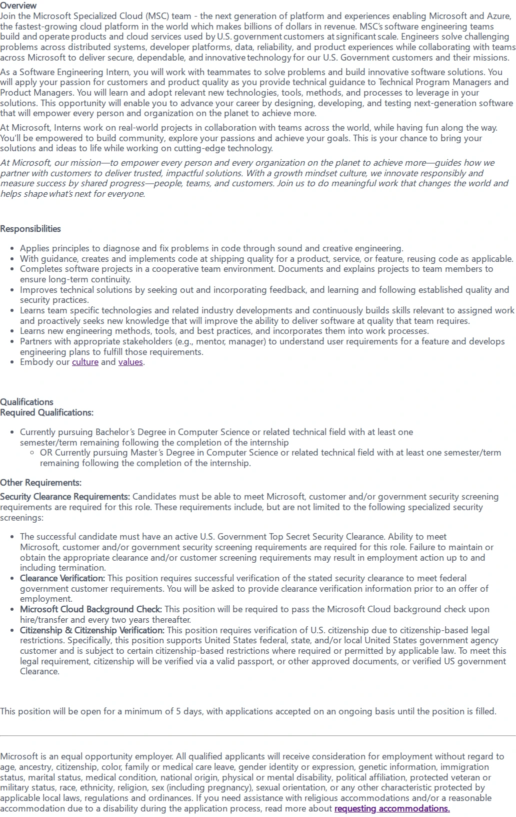 마이크로소프트(Microsoft) Software Engineering Intern - CTJ - TS 채용공고