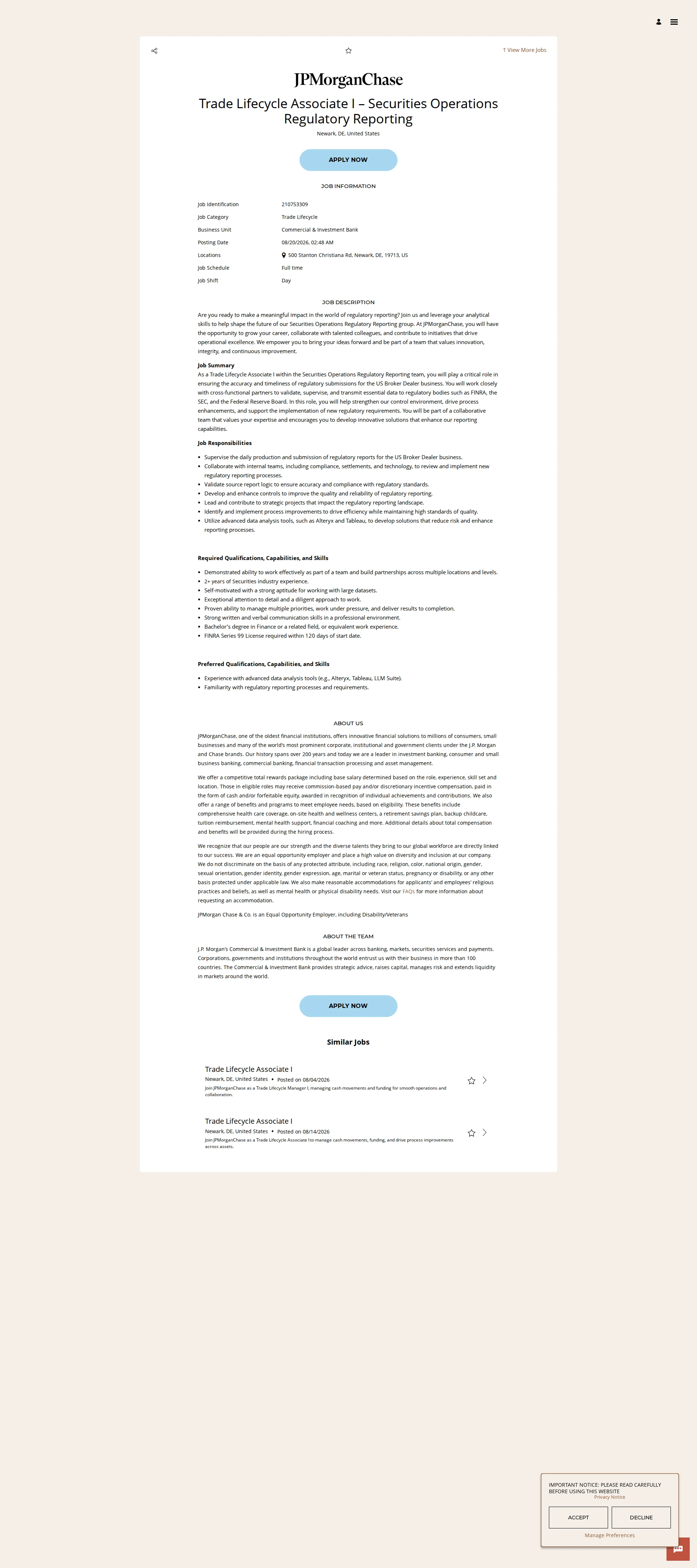 JPMorganChase Trade Lifecycle Associate I – Securities Operations Regulatory Reporting 채용공고