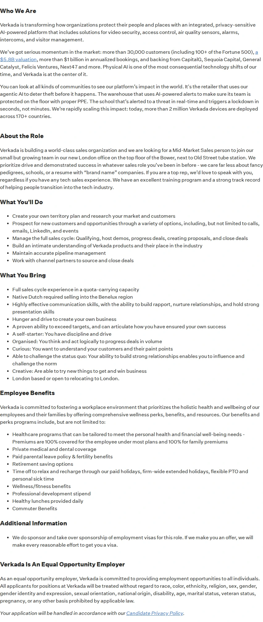 버카다 Account Executive, Benelux 채용공고