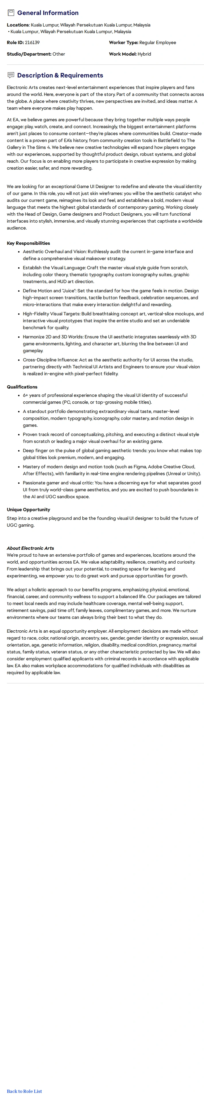 ElectronicArts Lead / Senior Game UI Artist 채용공고