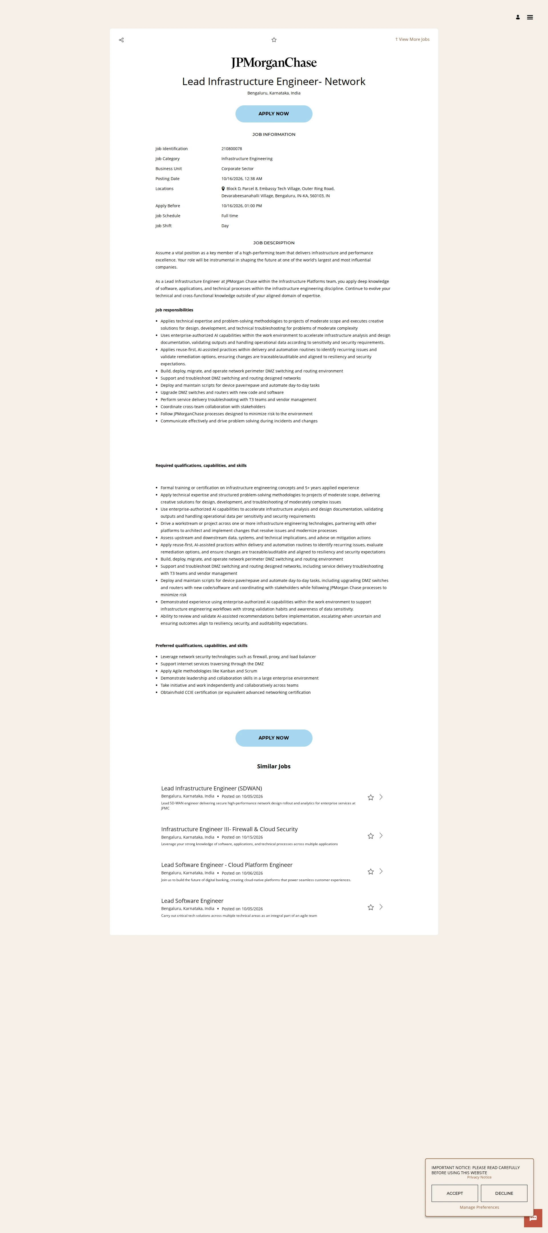 JPMorganChase Lead Infrastructure Engineer- Network 채용공고