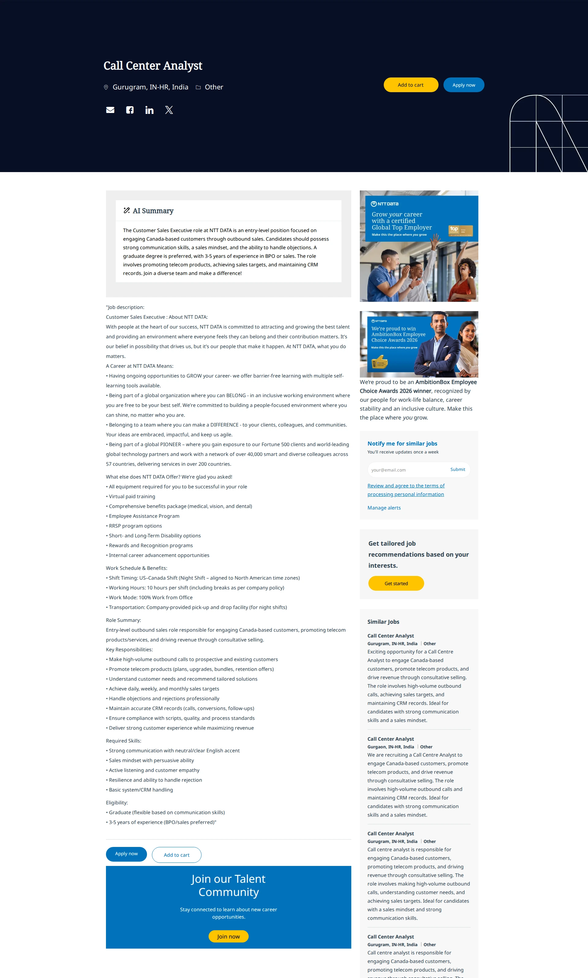 NTT데이터 Call Center Analyst 채용공고