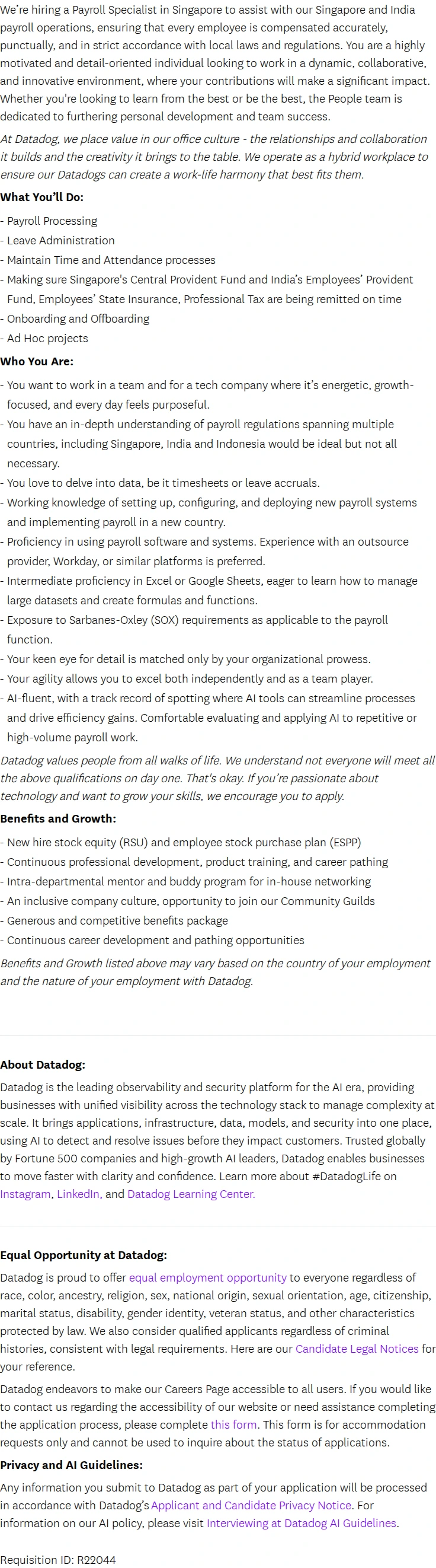 데이터독 Senior Payroll Specialist 채용공고