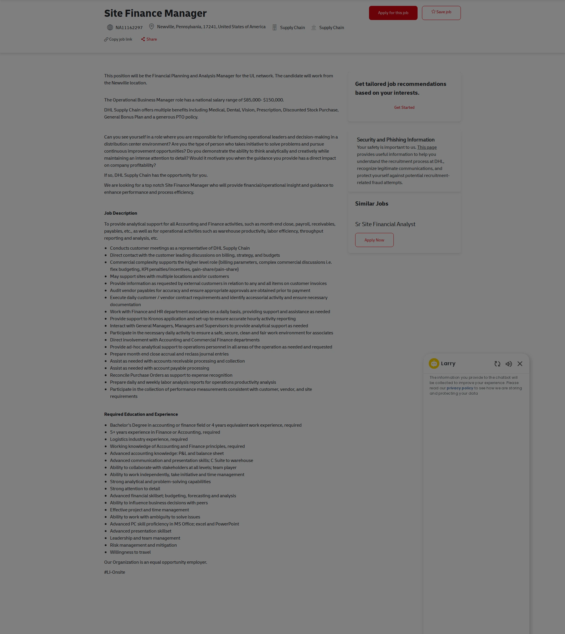 DHL Site Finance Manager 채용공고
