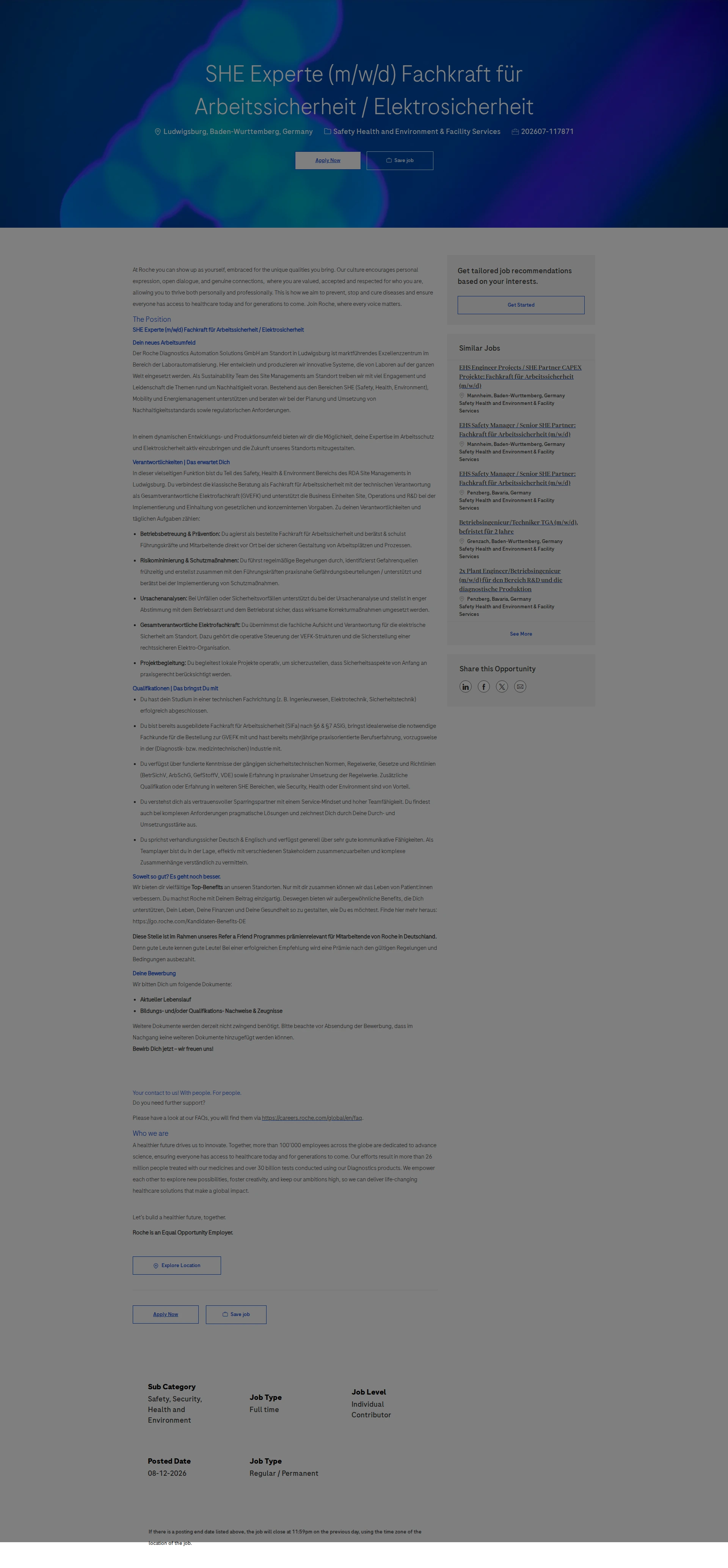 로슈 SHE Experte (m/w/d) Fachkraft für Arbeitssicherheit / Elektrosicherheit 채용공고