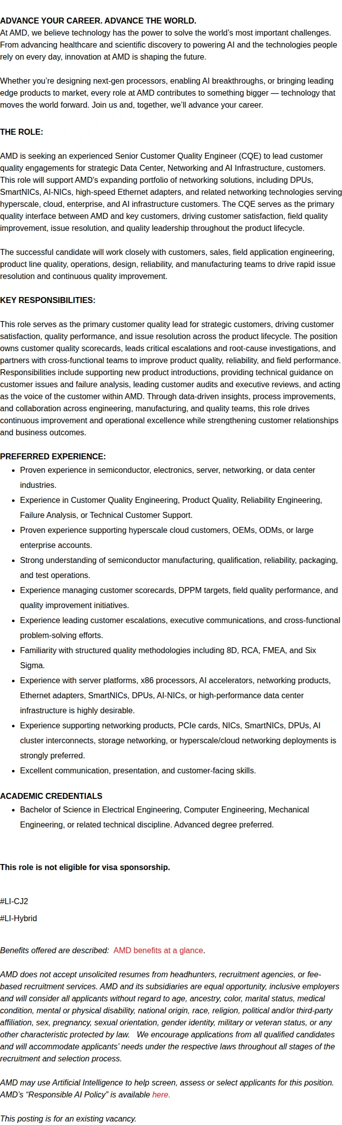 AMD Senior Customer Quality Engineer – Data Center Networking Products 채용공고
